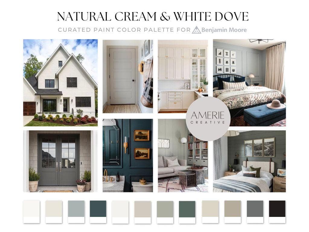Natural Cream Benjamin Moore Natural cream complimentary colors White Dove Benjamin Moore Paint Color Palette Whole Home Paint color scheme whole house paint colors exterior interior home paint colors neutral paint color palette neutral paint color scheme warm neutral paint colors benjamin moore black onyx kendall charcoal stone hearth taupe seapearl china white dove revere pewter dark olive narragansett boothbay gray blue grey green paint colors 2026