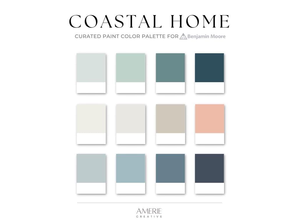 Coastal Home Paint Color Palette Benjamin Moore paint palette cabin beach house paint color scheme warm neutral paint colors navy blue teal