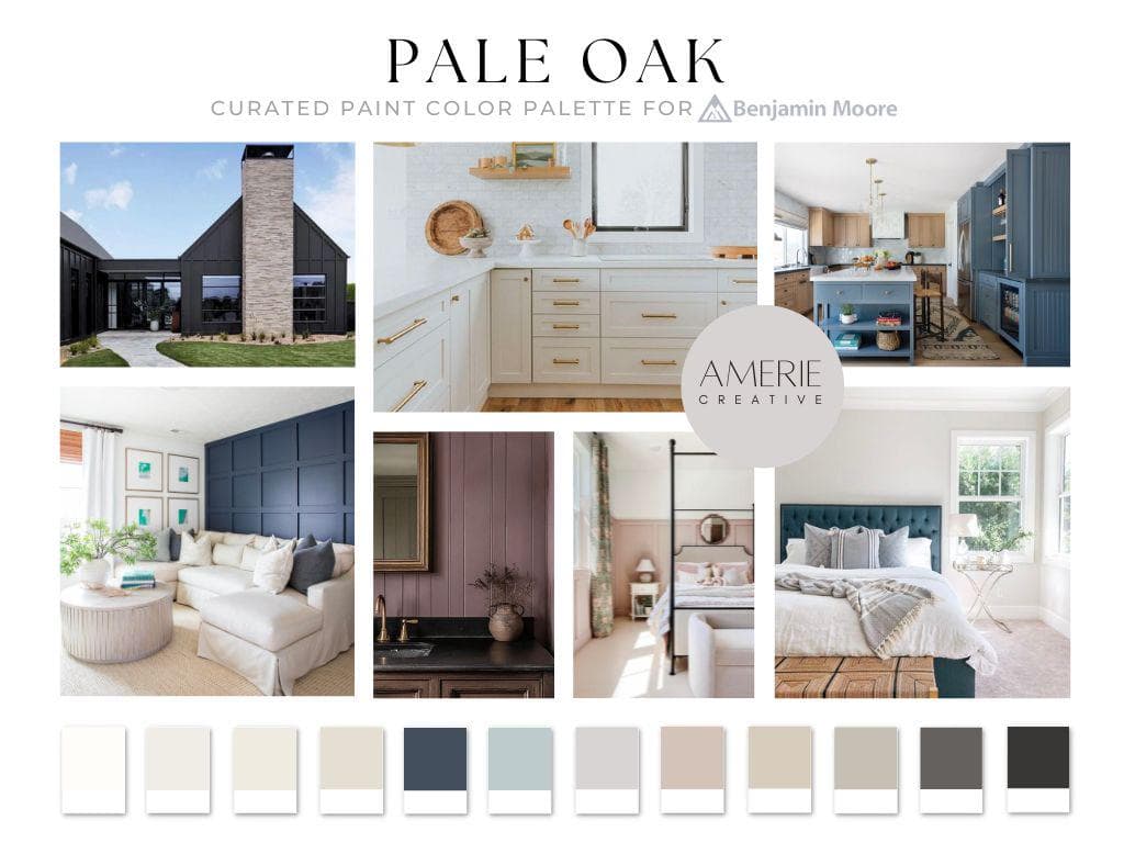 Pale Oak Color Palette Benjamin Moore Paint Palette Pale Oak Benajmin Moore Pale Oak complimentary colors pale oak coordinating colors whole house paint colour scheme whole home paint color palette warm neutral paint colors light neutral paint color scheme warm gray paint color grey beige greige paint color blue gray green grey cloud white dove wing classic gray smokey taupe inukshuk thunder iron mountain black beauty hale navy smoke wish meadow pink