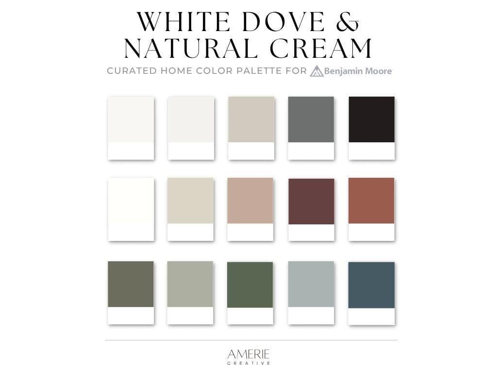 White Dove Natural Cream Benjamin Moore paint color palette whole house paint color scheme green gray blue earthy neutral paint colors 2026