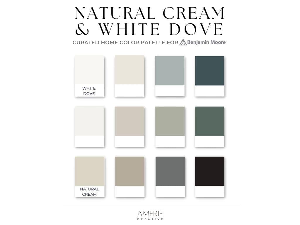 Natural Cream White Dove Benjamin Moore paint color palette Whole house paint color scheme warm neutral paint colors dark green gray blue