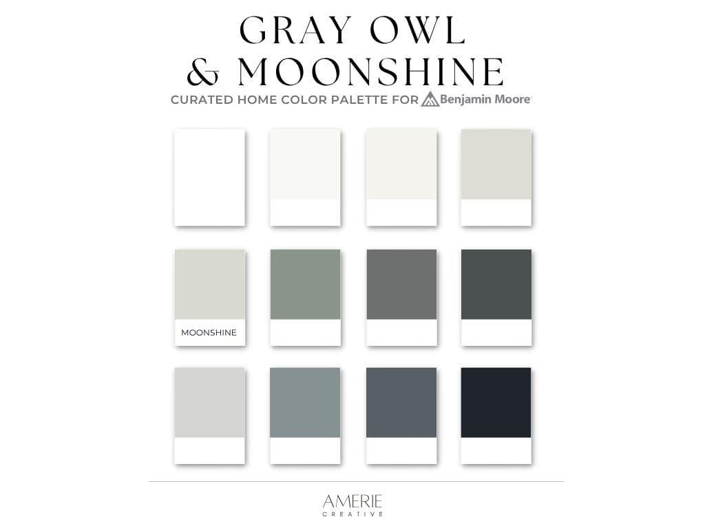 Moonshine Gray Owl Color Palette Benjamin Moore Paint Palette Modern neutral house paint color scheme blue gray green black exterior paint