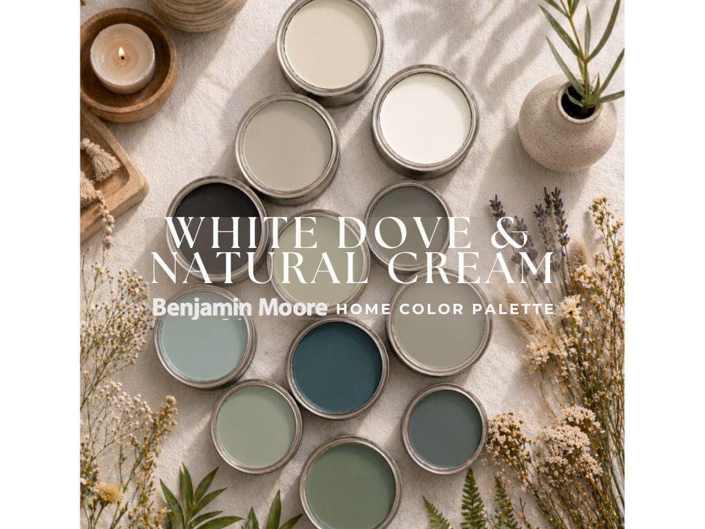 Benjamin Moore White Dove & Natural Cream color palette | Whole home paint color scheme warm neutral paint color 2026 gray blue grey green
