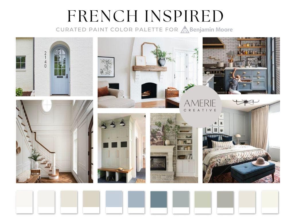 French Color Palette Benjamin Moore paint palette french home paint colors whole home paint color palette french house paint colors french blue paint color neutral paint color warm neutral color scheme classic modern french blue paint color farmhouse country coastal dusty powder light blue heather natural cream china white dove wing Boothbay gray mist vale seapearl sage green grey