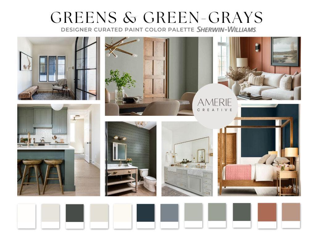 Gray Green Sherwin Williams paint color palette grey green paint colors modern earthy paint color whole house paint color palette home paint colors interior paint color scheme neutral paint color warm neutral warm white paint off-white greige green gray evergreen fog pewter green grey dark night greek villa drift of mist rock bottom natural choice mountain road thunderous cavern clay redend point green black exterior