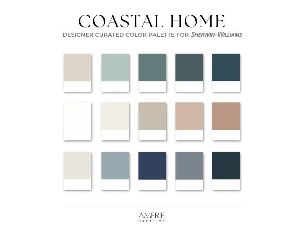 Coastal Home Color Palette Sherwin Williams paint color palette cabin lake beach house colour scheme warm neutral greige dark blue navy teal