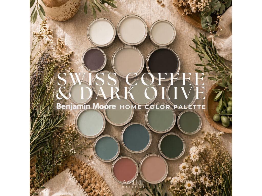 Swiss Coffee Benjamin Moore Dark Olive Green | Whole house paint color palette Earthy neutral paint colors olive green teal terracotta paint