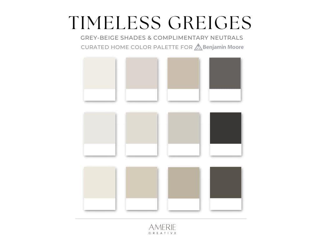 Greige Benjamin Moore paint color palette | Whole House paint color scheme warm neutral gray beige grey greige paint colors 2026
