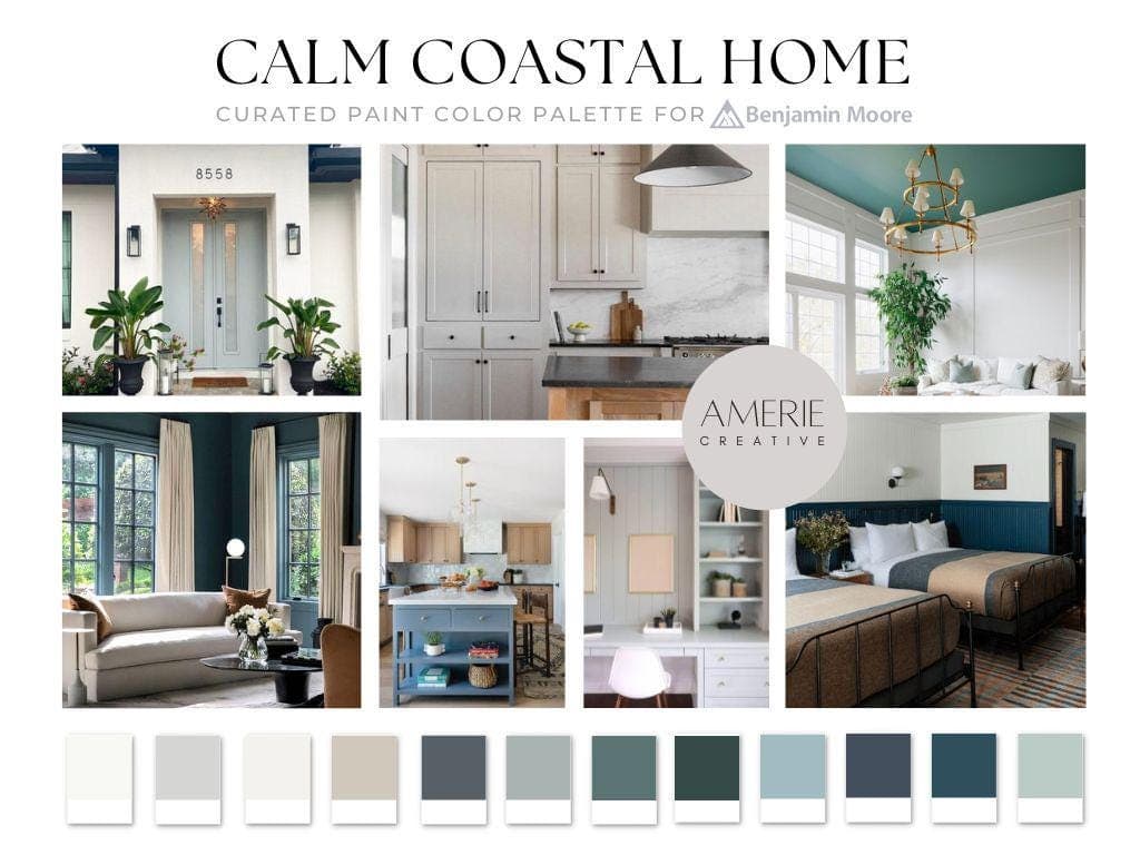 CALM Coastal home PAINT COLOR PALETTE Benjamin moore paint color palette modern coastal house paint color scheme coastal color scheme coastal paint color palette Beach house paint color coastal house paint colors interior warm neutral paint colors blue green teal paint colors glacier white dove seapearl china white classic gray owl natural cream boothbay gray blue quiet moments aegean teal waters edge hale navy exterior revere pewter