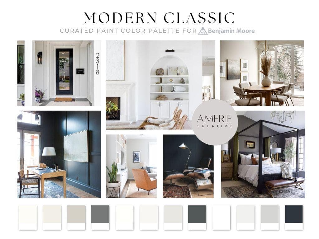 Modern Classic paint color palette Classic Modern Neutral Benjamin Moore Paint Color Palette Whole house paint color scheme home paint colors neutral interior paint colors Classic Modern neutral paint colors 2026
swiss coffee seapearl china white dove classic gray beige revere pewter kendall charcoal nightfall cloud cover gray owl chatilly lace soot black exterior off-black paint colors exterior black paint colors