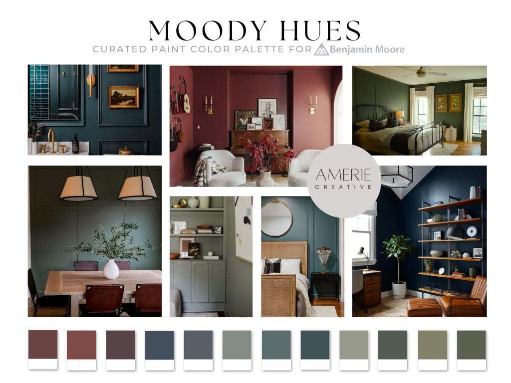 Moody Paint Color Palette Benjamin Moore paint colors moody paint color Warm paint colors 2026 dark paint colors modern earthy paint color modern paint color classic victorian heritage modern farm house  garrison red fading twilight vintage wine hale navy flint intrigue knoxvillle gray stormcloud narragansett green vintage vogue tate olive