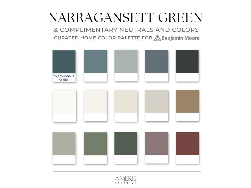 Narragansett Green Benjamin Moore paint color palette Whole home paint color scheme 2026 paint colors Narragansett Green coordinating color