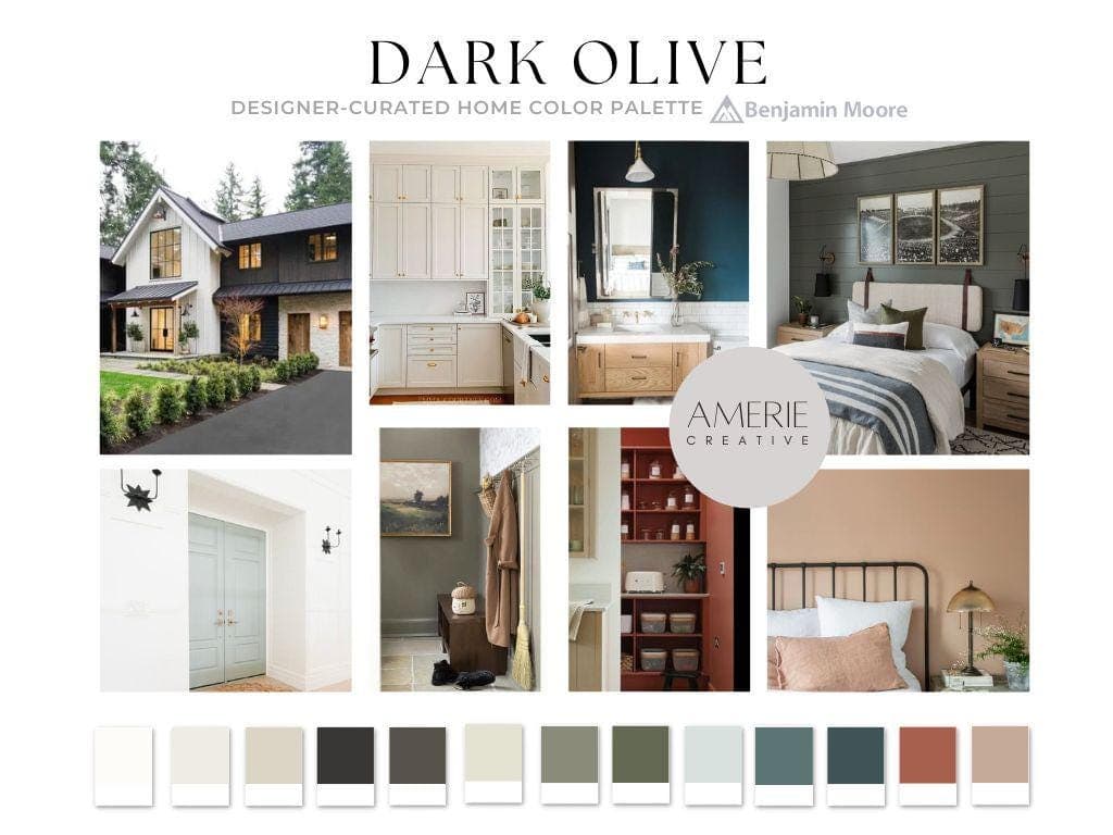 Dark Olive Benjamin Moore paint color palette olive green whole house paint color palette whole home colour scheme warm neutral paint colors olive green paint color complimentary earth tone earthy neutral paint off-white greige terracotta teal soft chamois seapearl china white natural cream black beauty stormcloud gray antique pewter dragons breath quiet moments knoxville gray audoban russet rust paint color terracotta paint color venetian portico