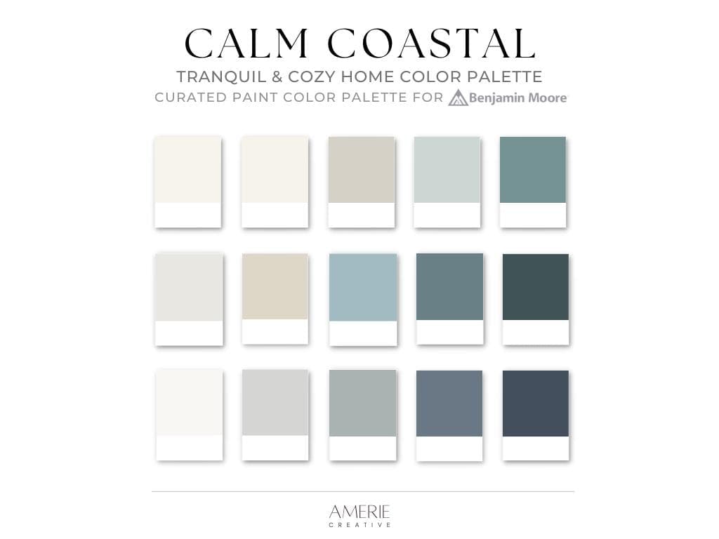 Calm Coastal Home Color Palette Benjamin Moore paint palette cabin lake house paint color scheme warm neutral gray blue green navy teal