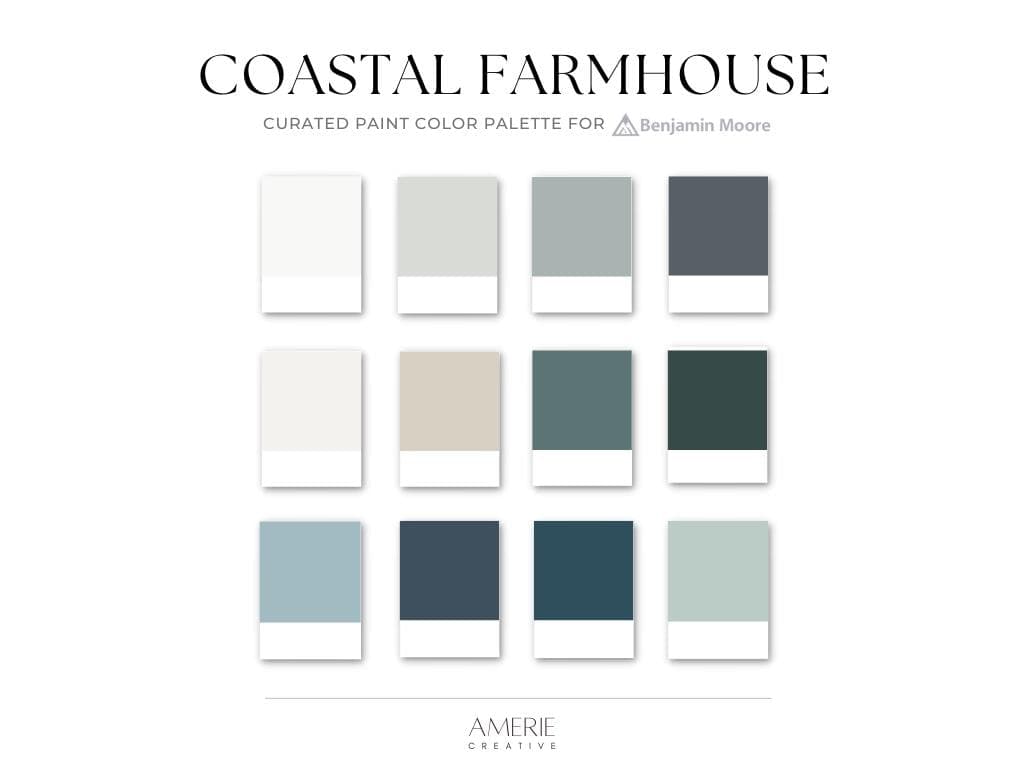 Coastal Farmhouse Paint Color Palette Benjamin Moore Paint Palette modern cabin lake house paint color scheme dark blue gray navy exterior