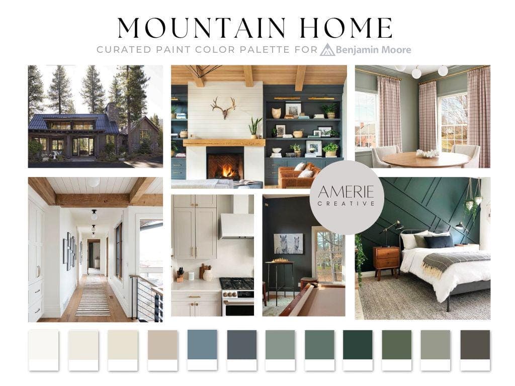 Mountain House Paint Color Palette Benjamin Moore paint palette mountain home paint colors modern neutral paint colors forest home color scheme modern organic paint colors earthy neutral paint colors dark exterior accent paint colors warm neutral paint colors warm white dove natural cream stone hearth flint rushing river caldwell green essex green stormcloud gray blue grey green normandy dragon's breath dragons breath black brown