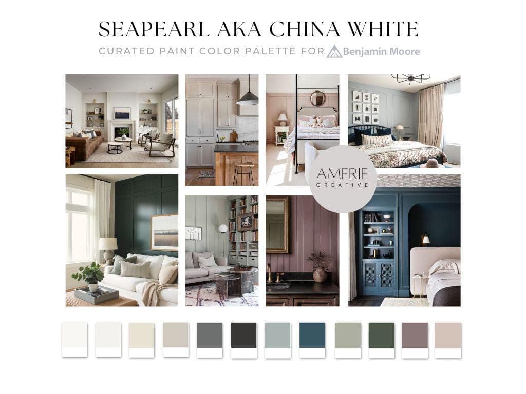 Seapearl Benjamin Moore China White Benjamin Moore Paint Color Palette Whole house paint color scheme warm neutral paint colors 2026 seapearl complimentary colors china white coordinating colors sage gray green grey blue navy blue teal green paint colors 2026 paint colors warm white off-white paint colors greige 
benjamin moore white dove natural cream revere pewter kendall charcoal black beauty boothbay gray new providence navy newburg green meadow pink oil cloth backwoods cinnamon slate