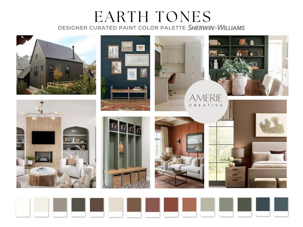 Earth Tones Paint Color Palette Sherwin Williams Earthy Neutral paint color scheme Cozy earthy neutral house color scheme warm paint color palette 2025 paint colors warm neutral alabaster shoji white accessible beige felt wool urbane bronze grounded sable brown red rust canyon clay sierra redwood cavern clay chatroom dried thyme forestwood mount etna still water blue green gray dark green olive green
