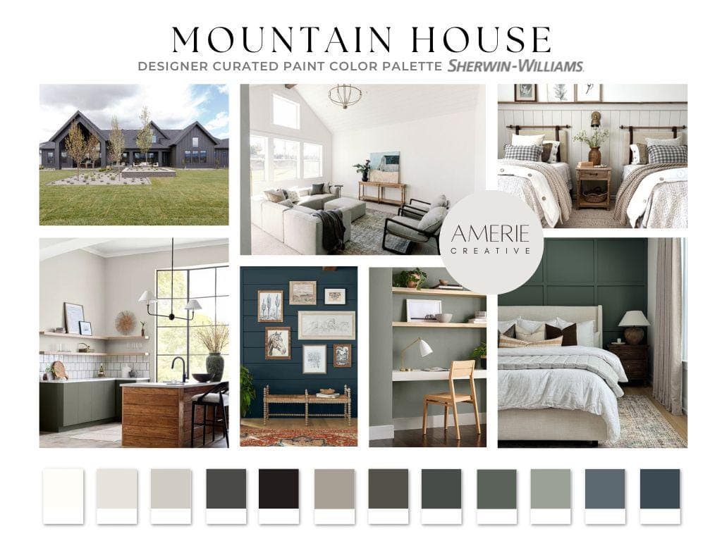 Modern Mountain House Paint Color Palette Sherwin williams paint palette whole house paint color scheme black exterior paint colors accent door cabinet earth tone paint colors modern earthy neutral paint colors 2025
Pure white alabaster drift of mist agreeable gray iron ore tricorn black fawn brindle urbane bronze mountain road shade grown rock bottom pewter green evergreen fog grays harbor mount etna navy blue gray green grey dark green paint colors dark olive green