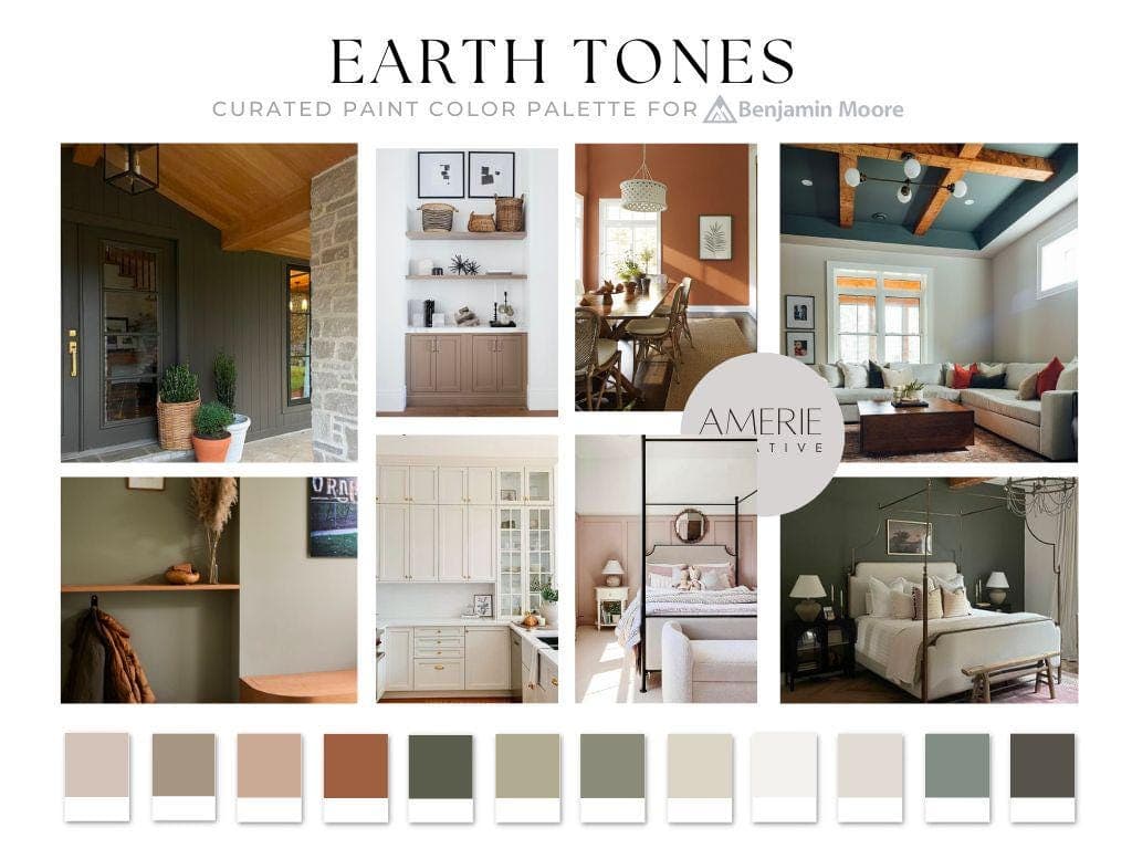 Earth tone Paint Color Palette Benjamin Moore paint color palette modern earthy neutral paint colors whole home paint color palette whole house paint color scheme exterior paint colors earthy paint colors warm neutral paint colors warm gray beige paint color greige paint color blue grey green dragons breath night train edgecomb gray seapearl china white natural cream glucester sage nantucket gray dark olive terra mauve rust taupe
