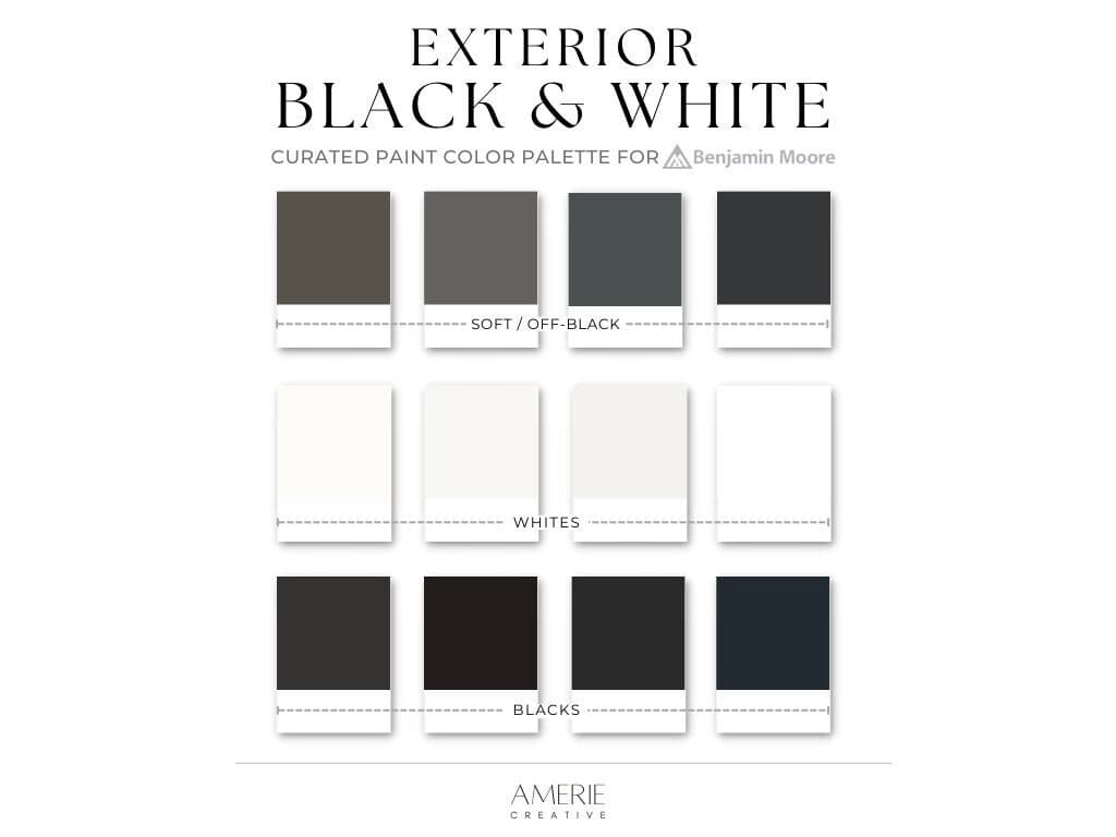 Black & White Exterior Benjamin Moore paint color palette Dark exterior house paint color scheme off-black onyx black exterior paint