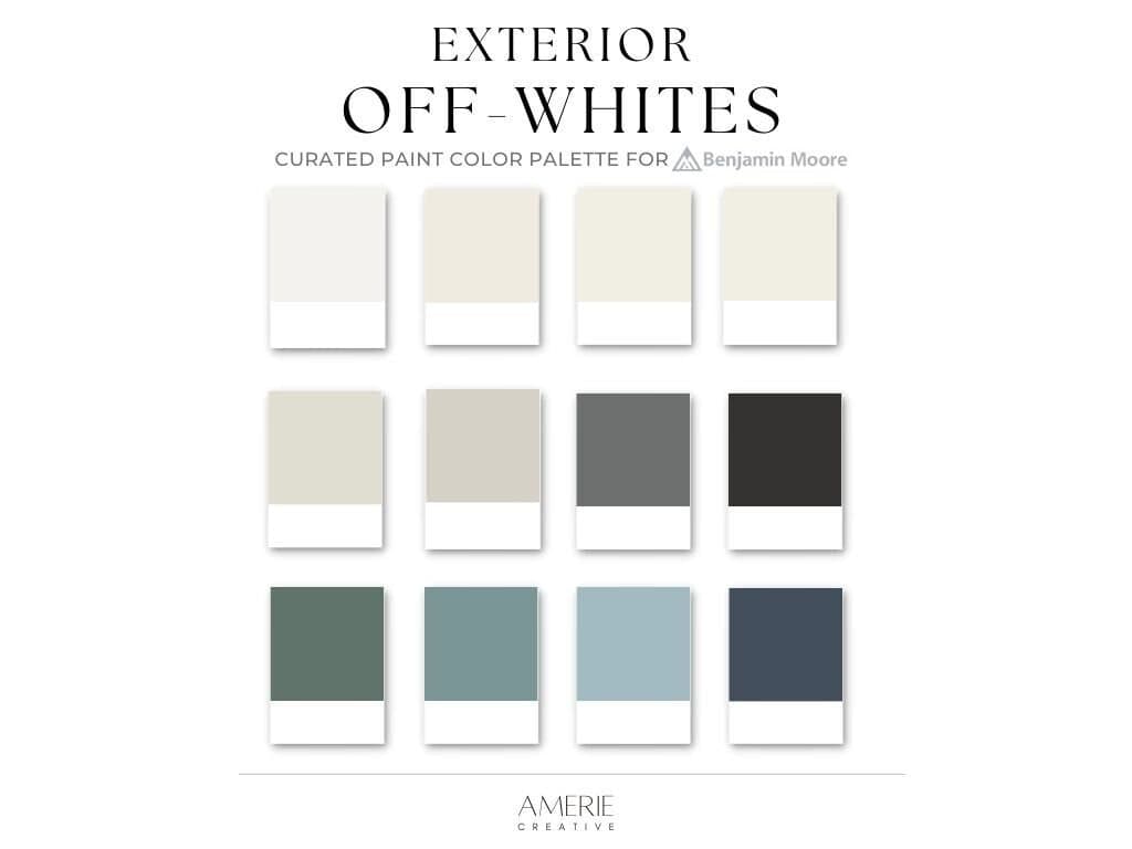 Off-White Exterior Benjamin Moore paint color palette Exterior house paint color cream warm white exterior paint color blue green off-black