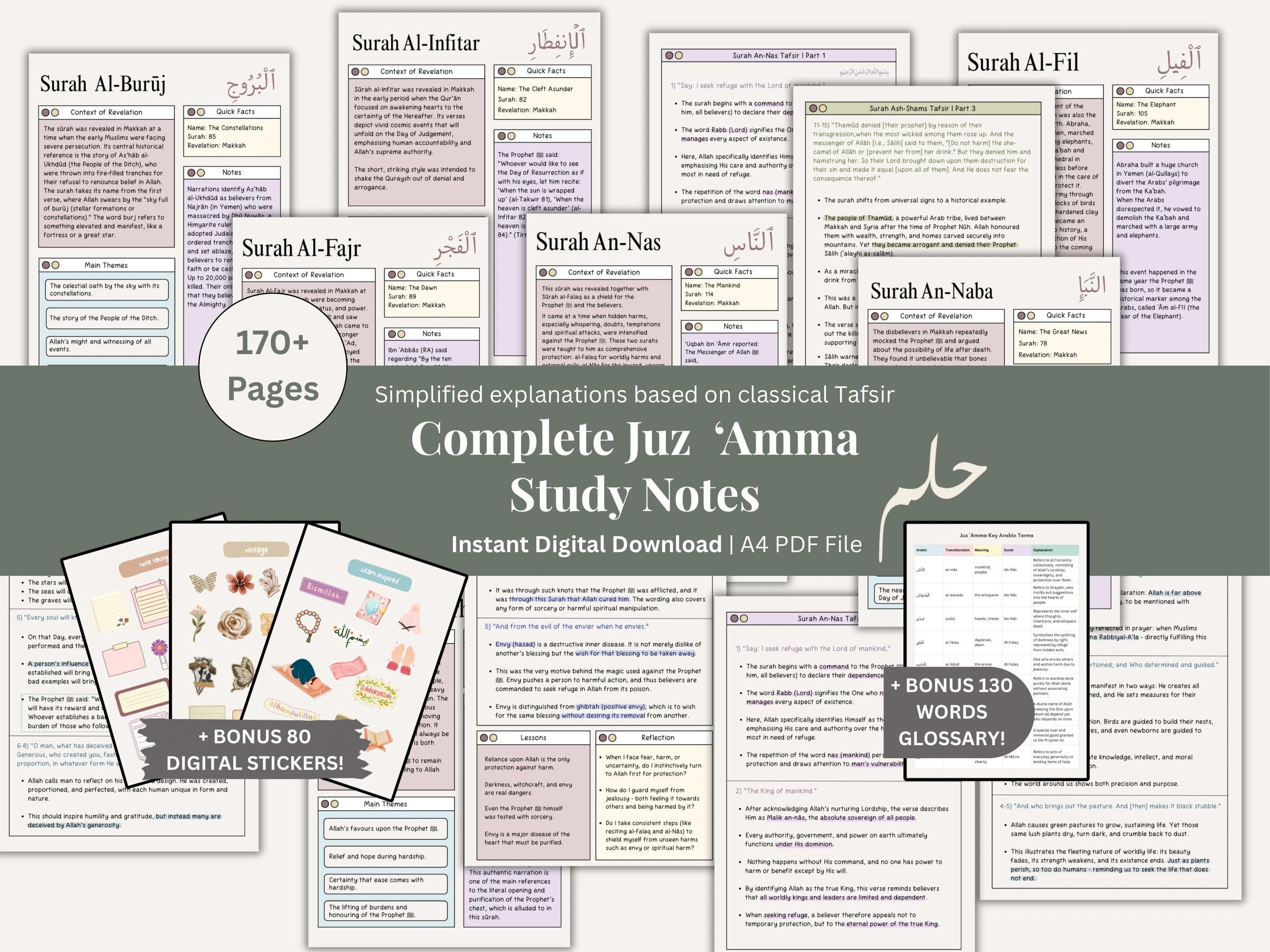 Juz Amma Study Notes, Quran Reflection Journal, Digital Islamic Book, Simplified Tafsir Surah Summaries, Muslim Study Guide, PDF Download
