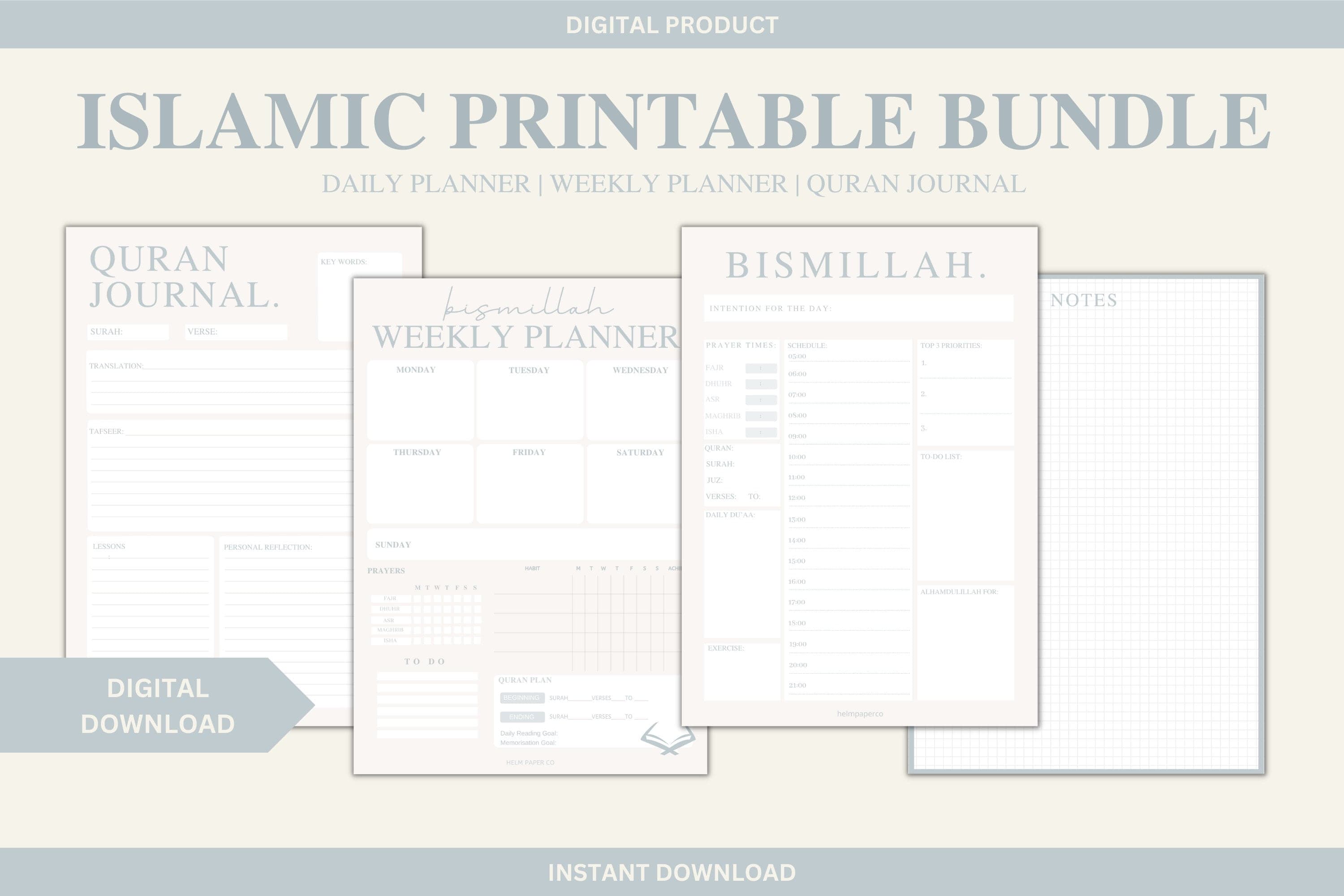 Islamic Digital Printables, digital muslim planner, deen planner, muslim tracker, salah tracker, islam planner, quran journal