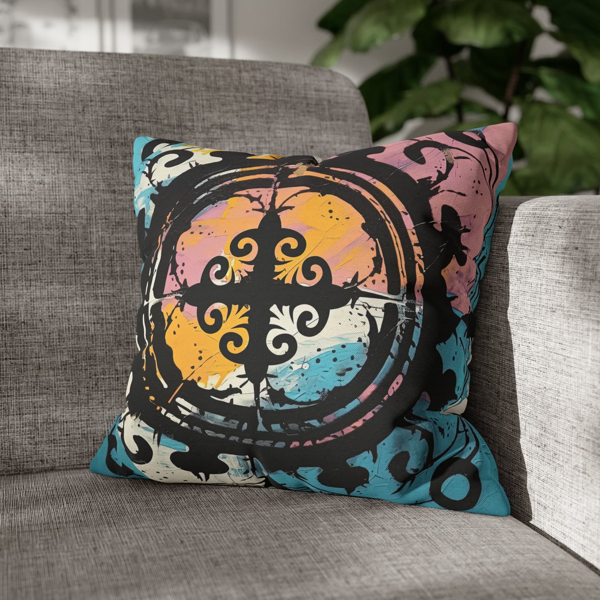 ASYLANA Square Pillow Case Cover with Kazakh Qazaq Art with Patterns Ornaments of Kazakhstan and Central Asia 16x16 inch 112