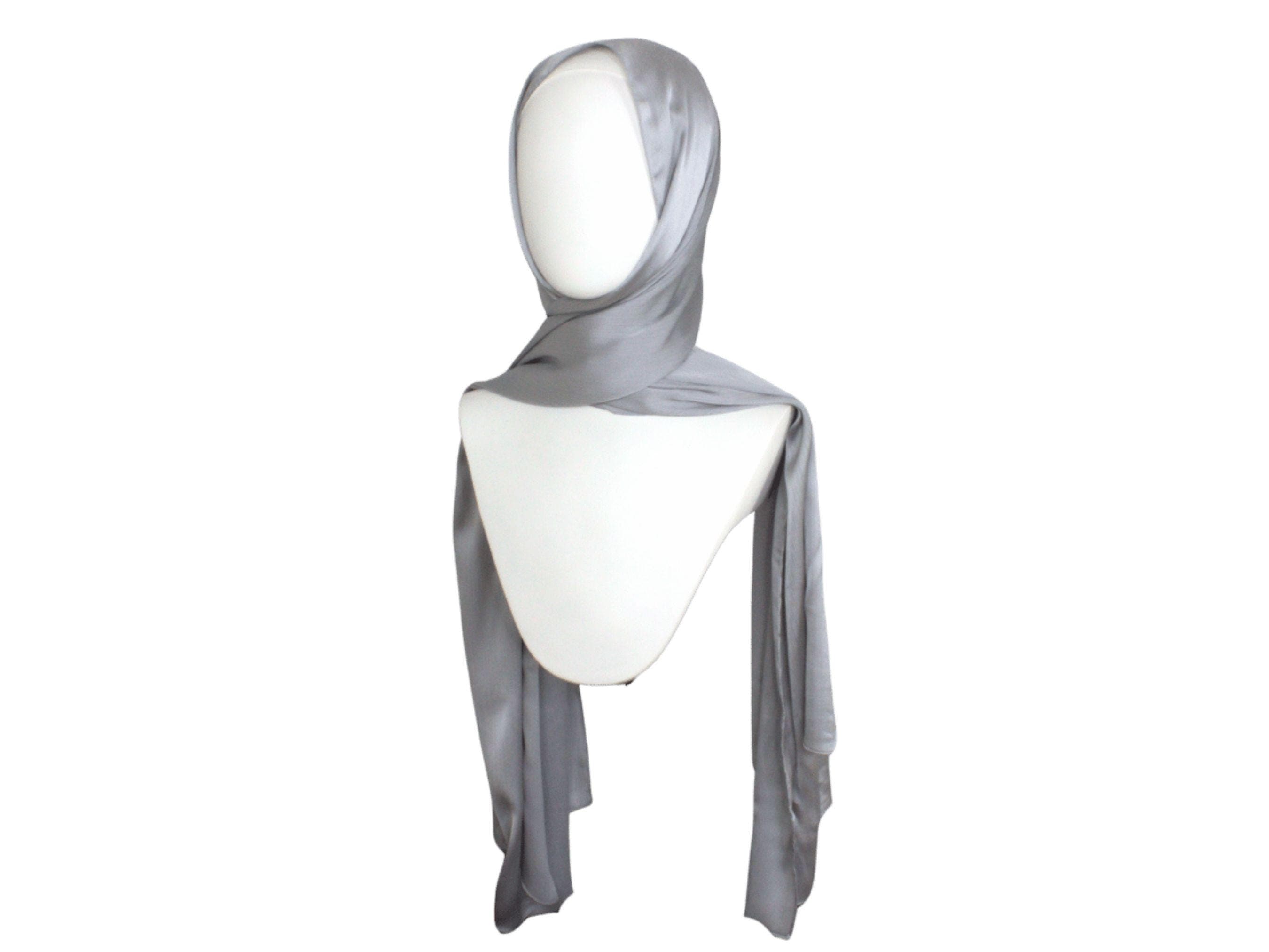 silver satin hijab for formal occasions | fancy silver gray satin hijab