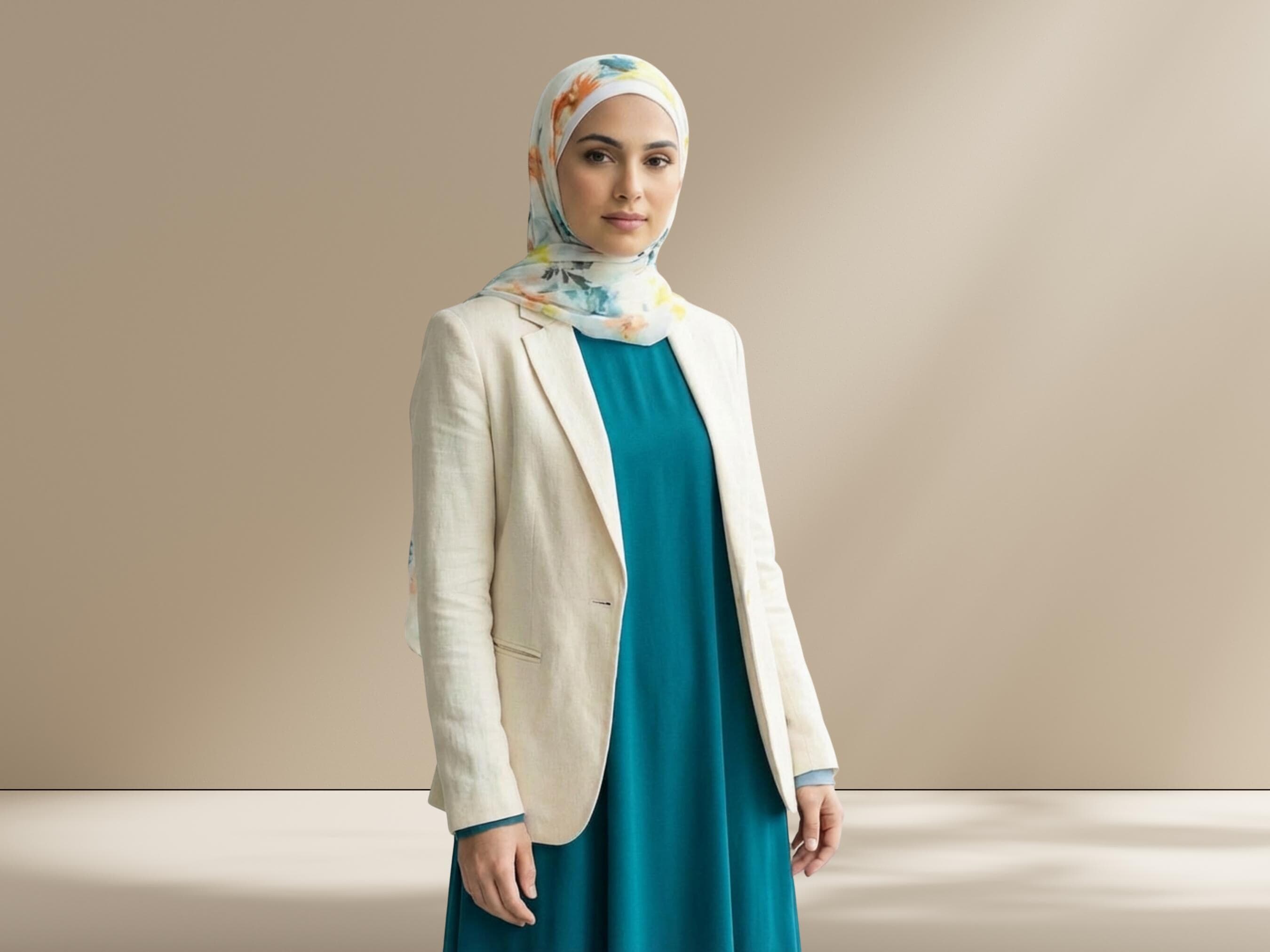Printed Chiffon Hijab, Teal Floral Scarf, Lightweight Shawl - image 4