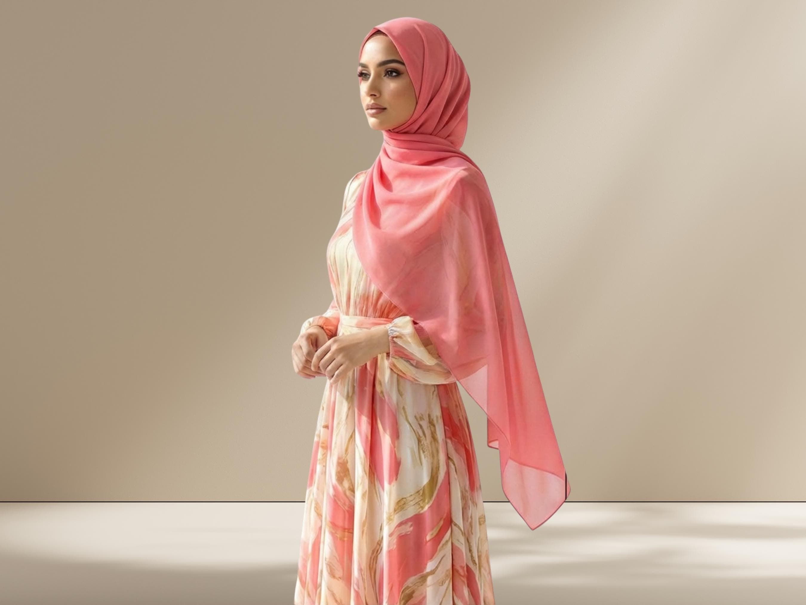Coral Diamond Chiffon Hijab, Lightweight Everyday Wear