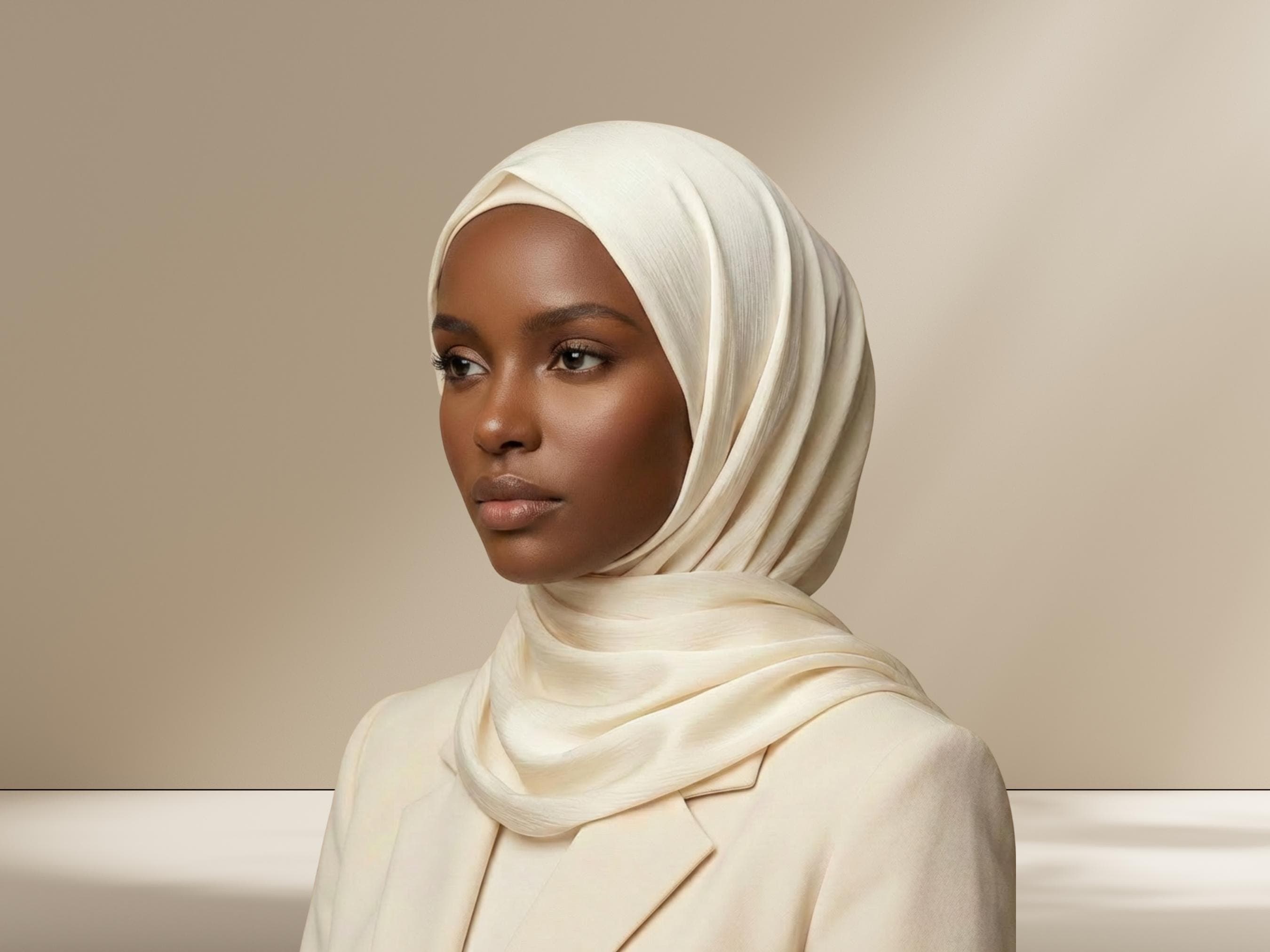Ivory Satin Crinkle Hijab, Luxe Elegant Formal Wear