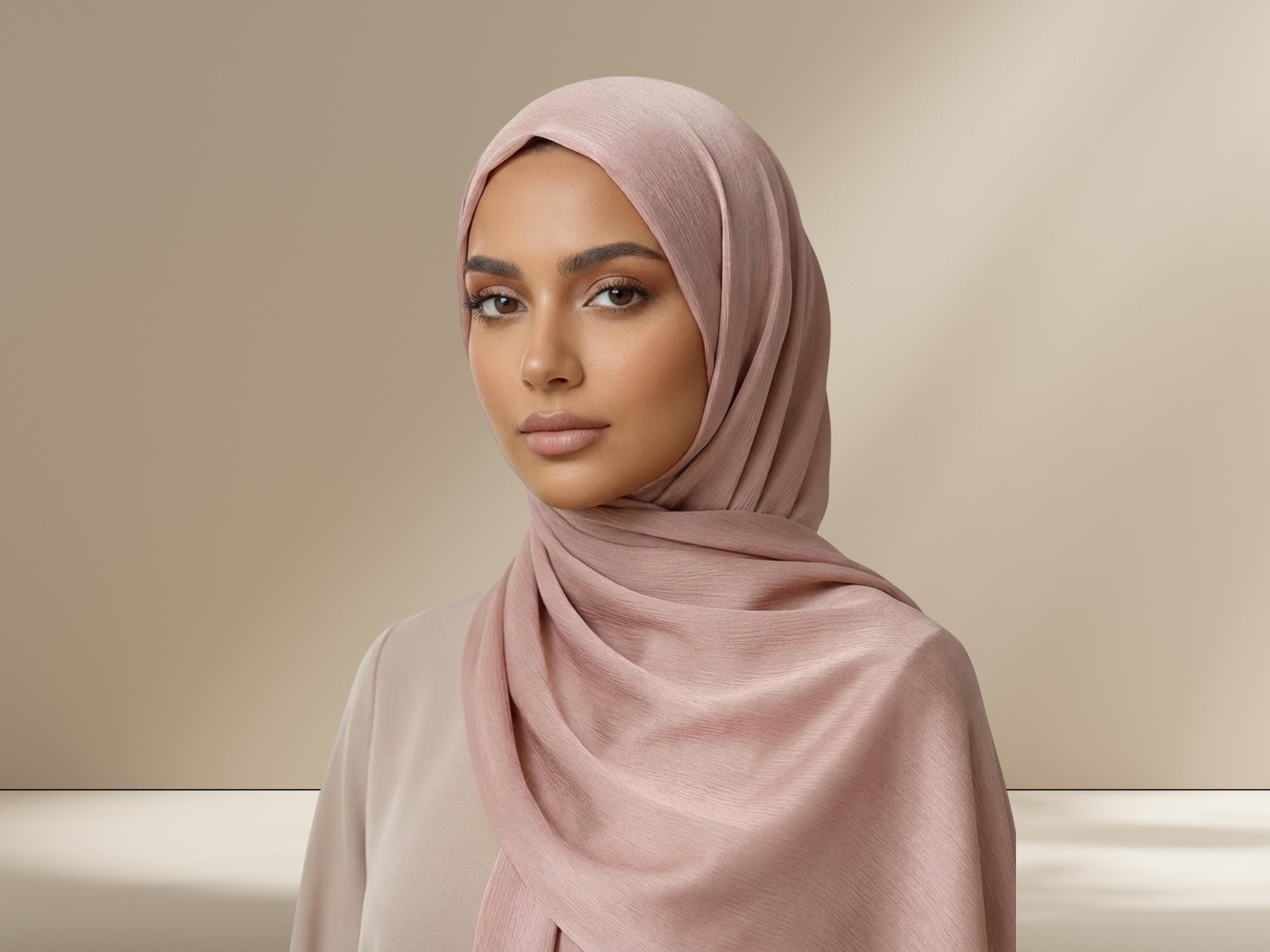 Light Rose Quartz Satin Crinkle Hijab, Party Wear
