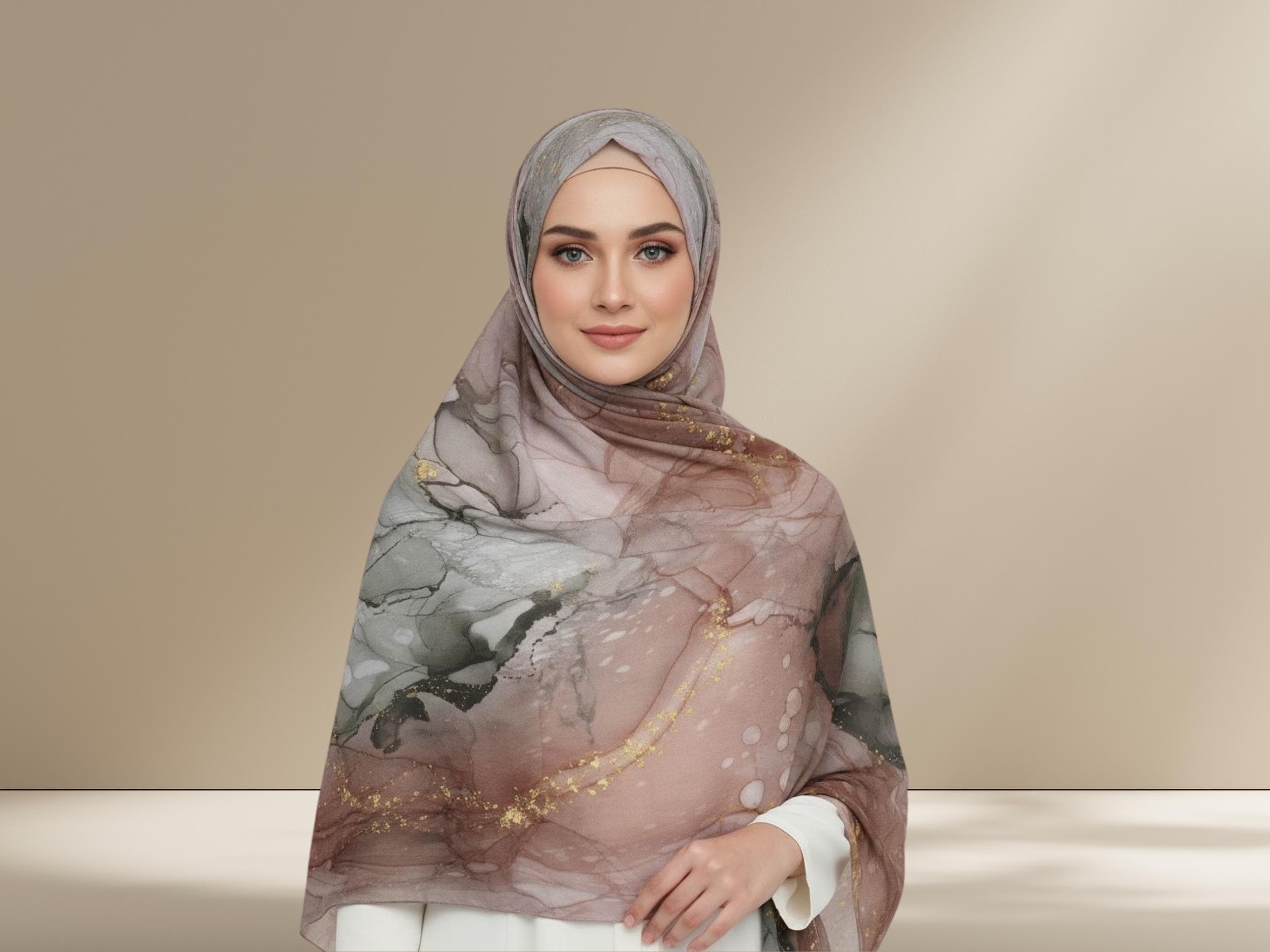 Green Rose Bronze Printed Chiffon Hijab, Soft Lightweight Scarf - image 3