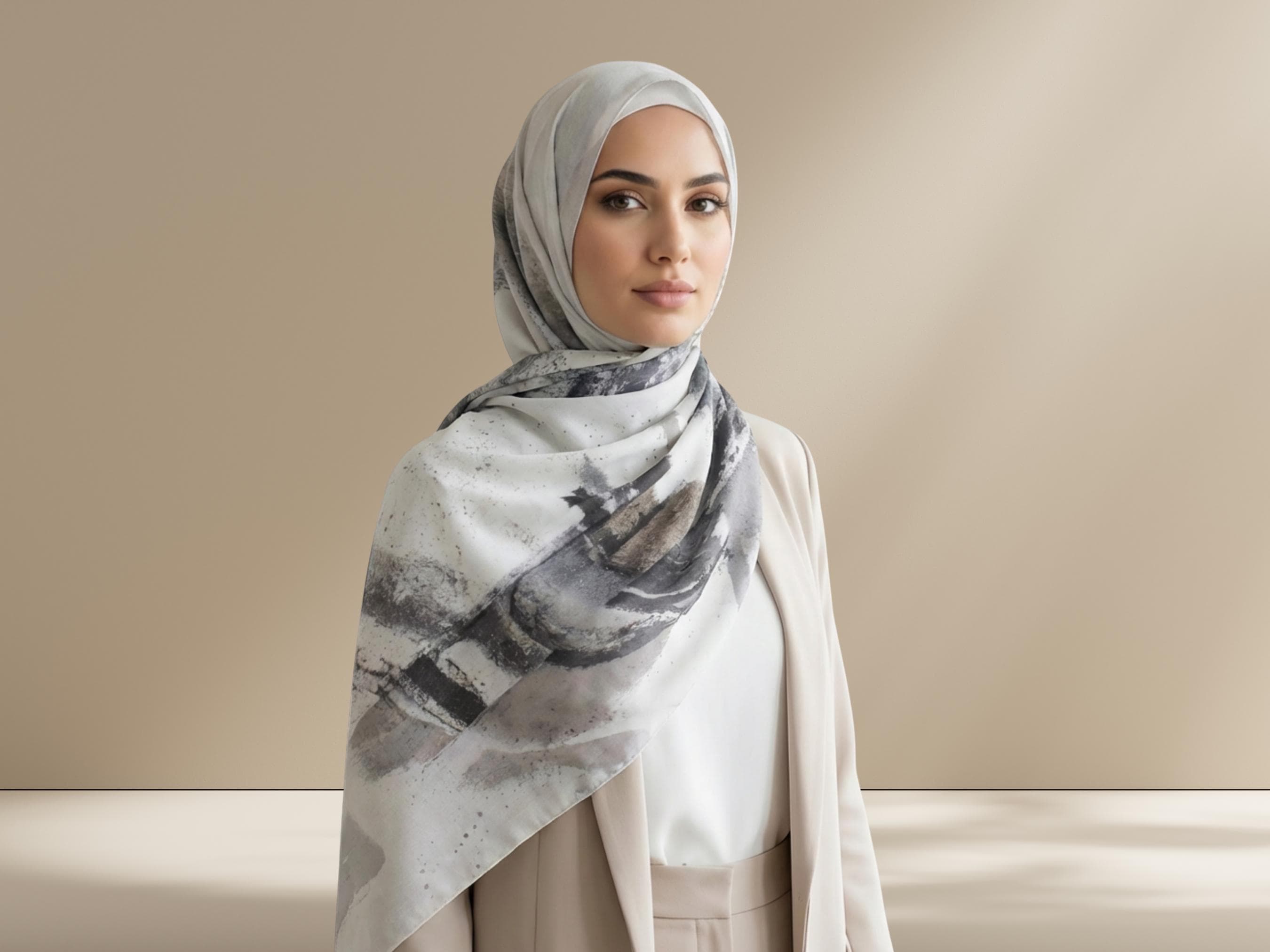 Printed Neutral Chiffon Hijab: Korean Chiffon Scarf, Islamic Gift
