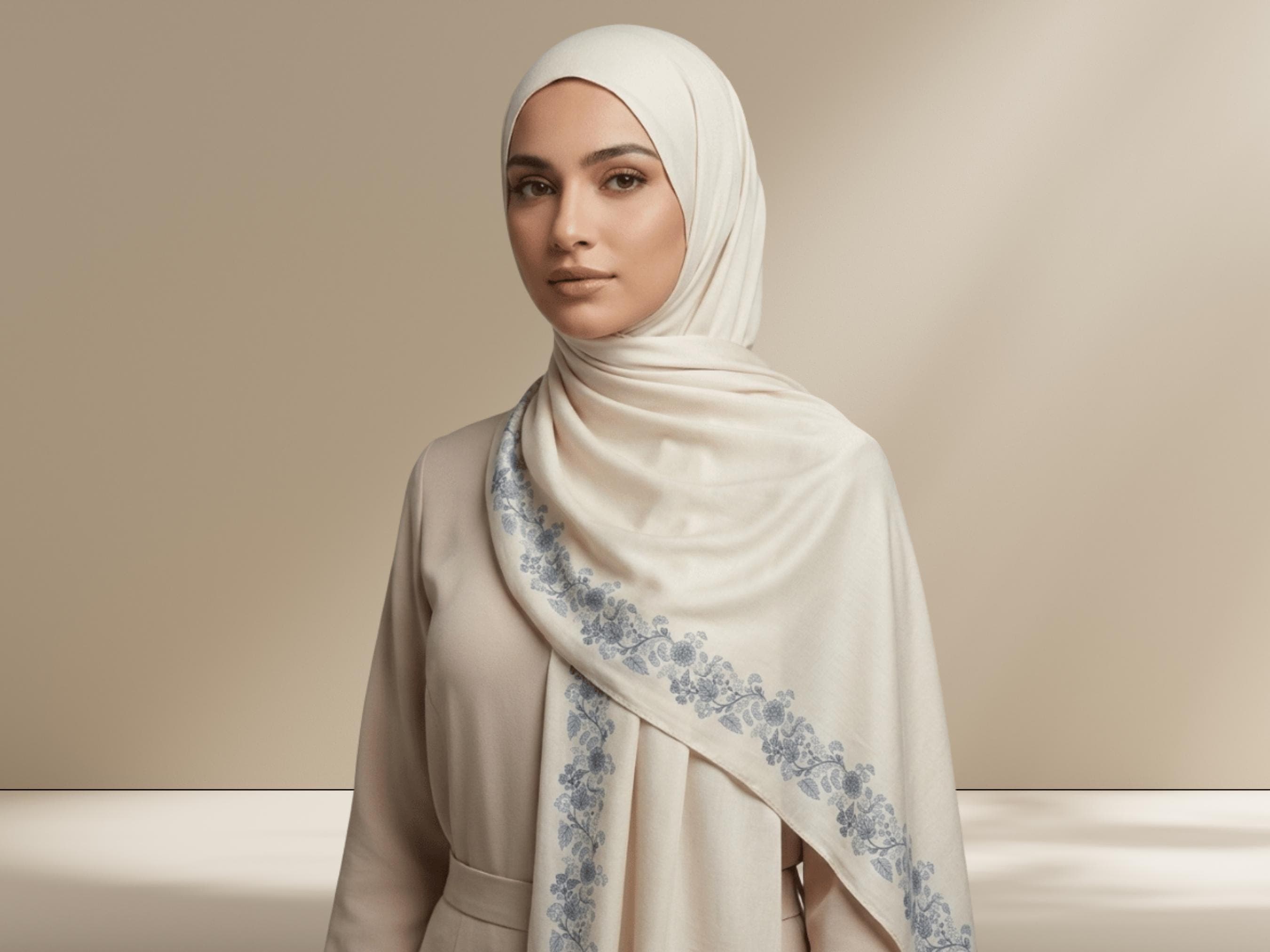 Reversible Bamboo Modal Hijab Scarf: Neutral &Floral Printed border, breathable for summer