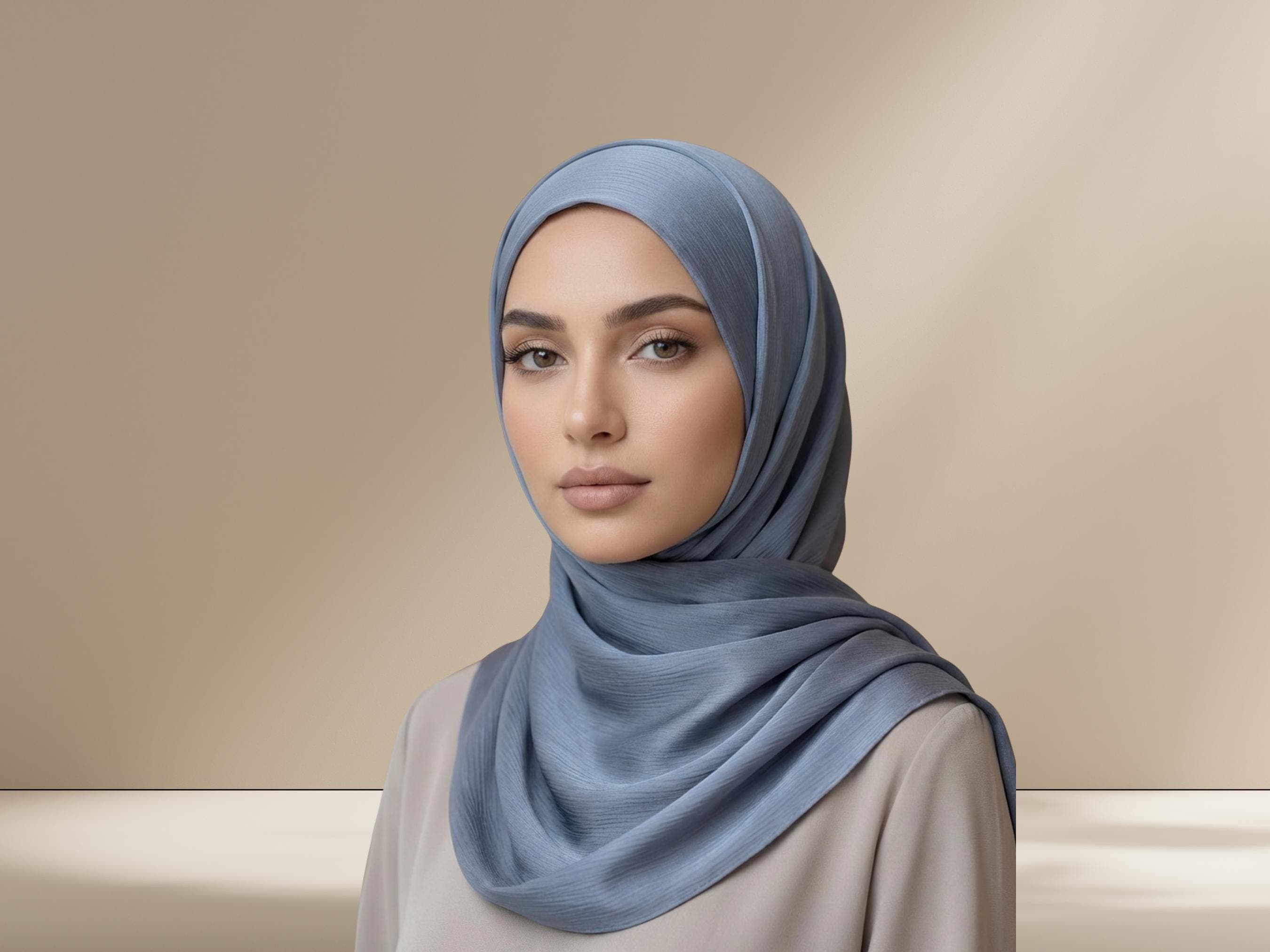 Muted Blue Satin Crinkle Hijab, Luxe Elegance, Formal Occasion