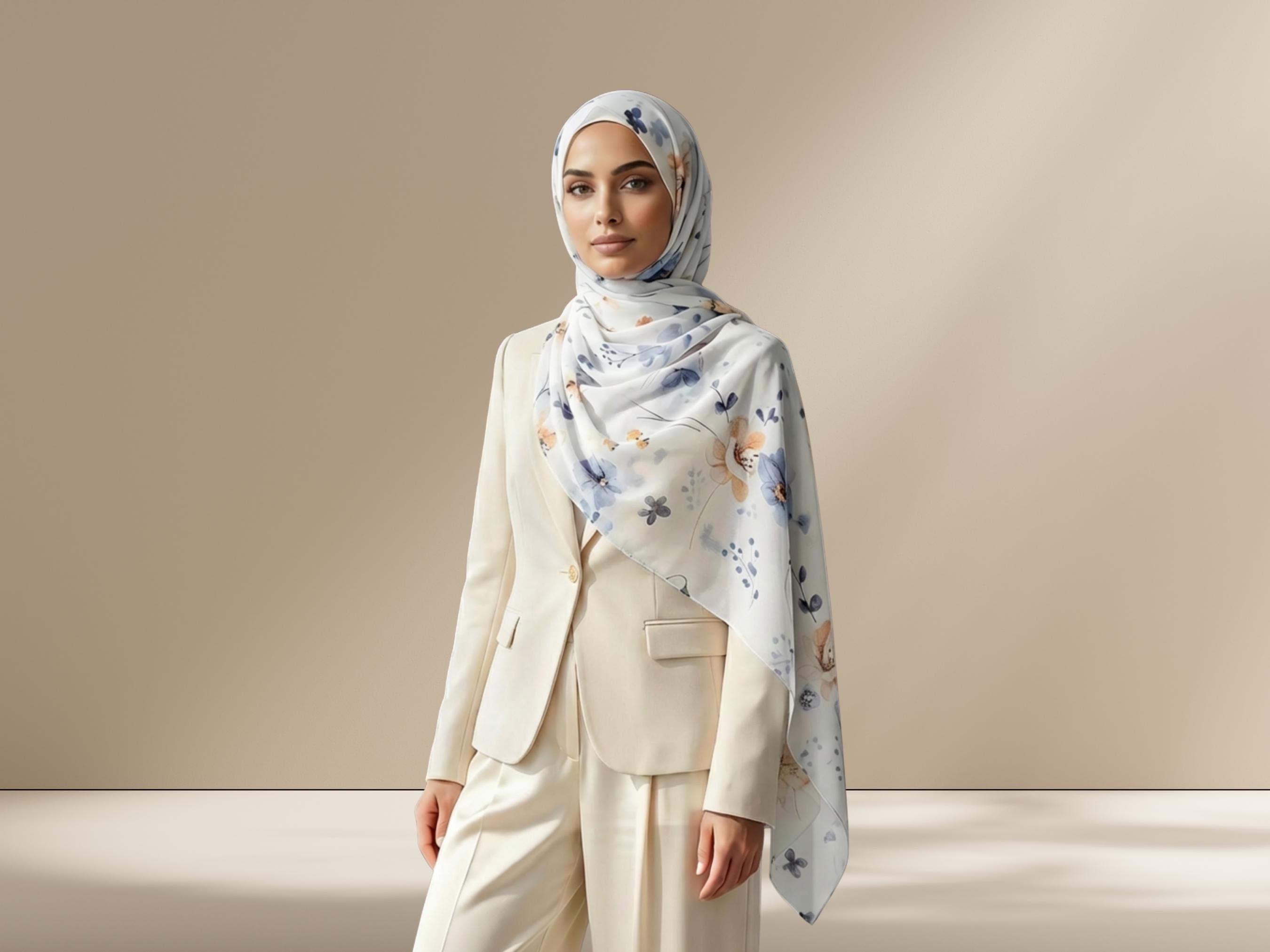 Blue Floral Chiffon Hijab, Soft Everyday Headscarf