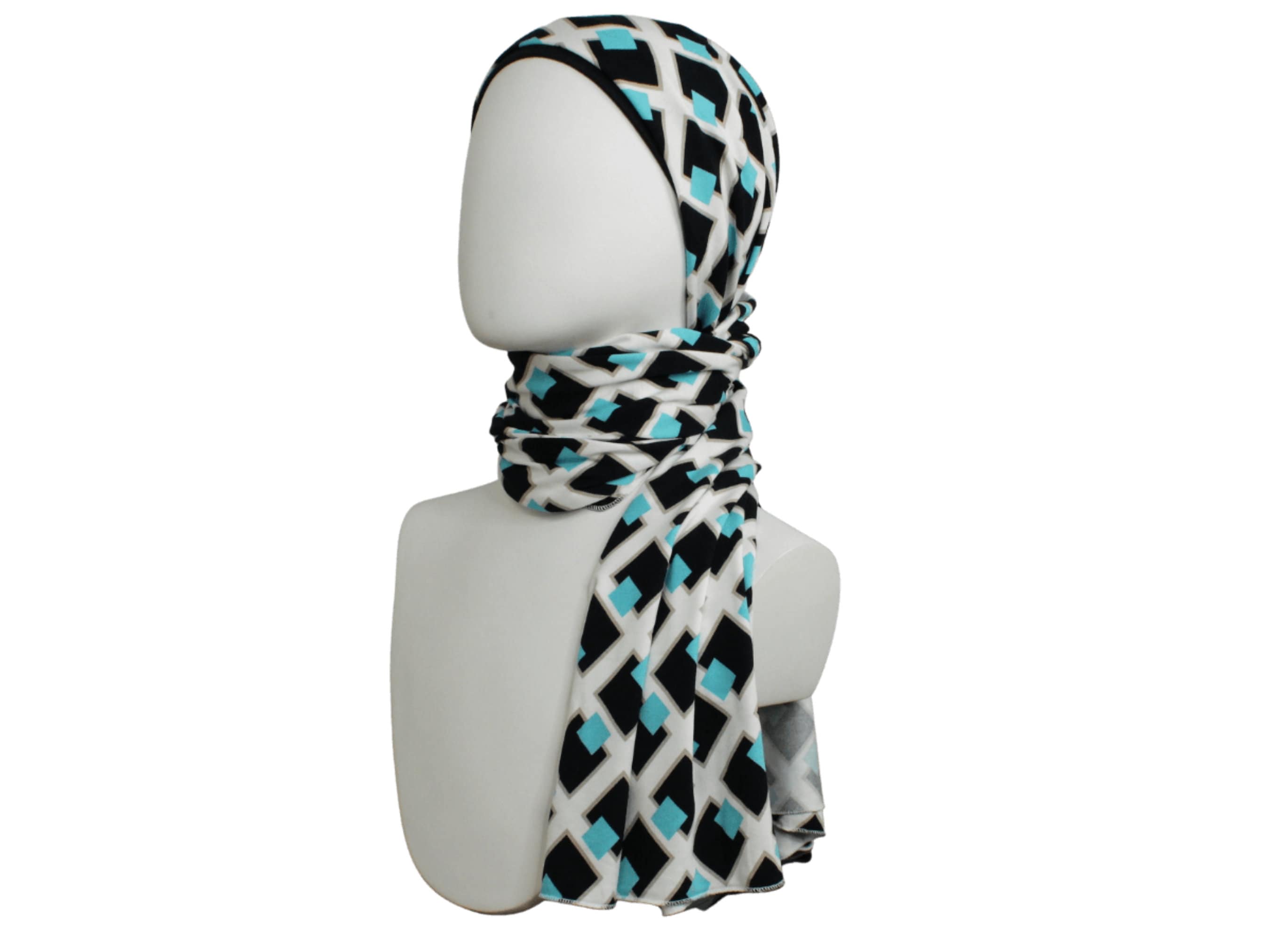 Printed Jersey Hijab, Blue Black Geometric Pattern, Soft Rayon Spandex