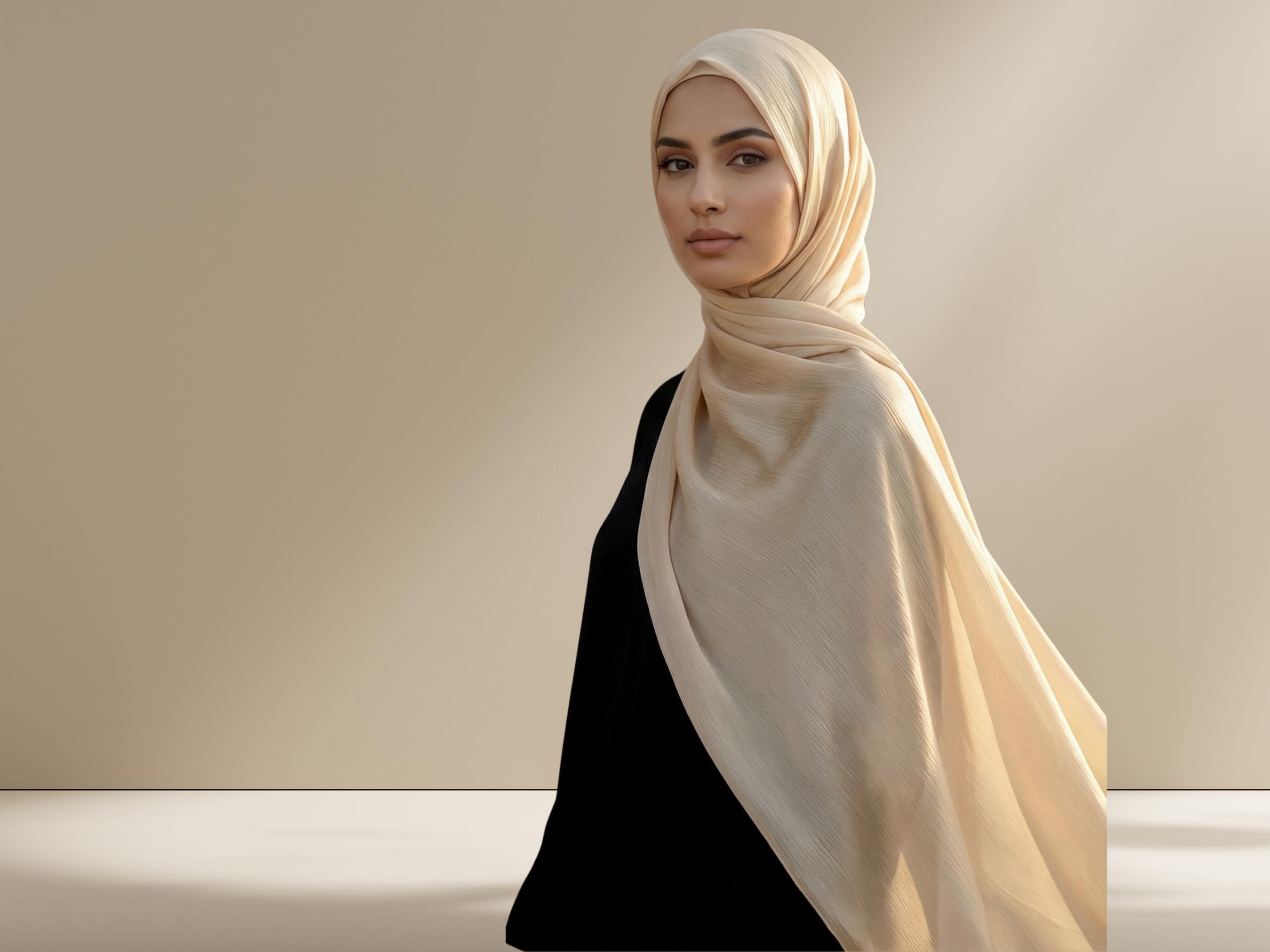 Champagne Satin Crinkle Hijab, Formal Occasion, Party Wear