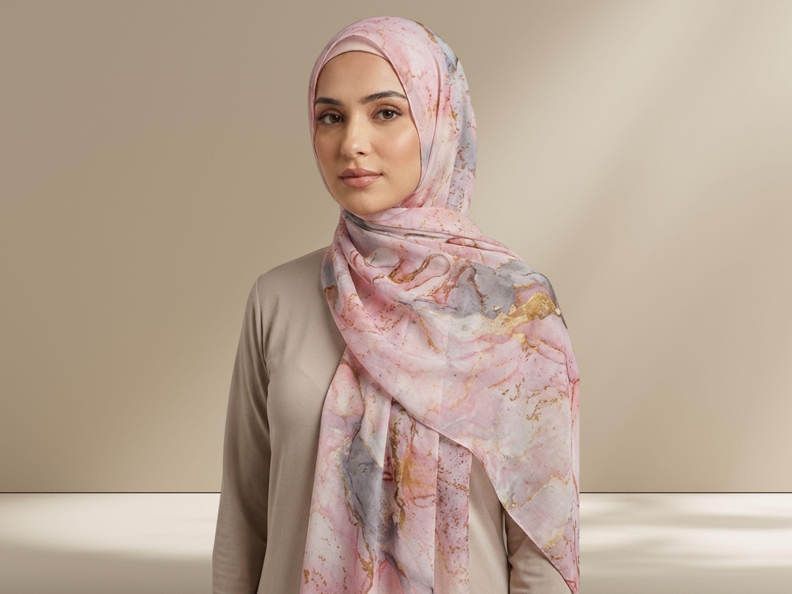 Watercolor Printed Bamboo Modal Hijab Scarf: Pastel Pink Grey Gold Hijab, Lightweight & Breathable
