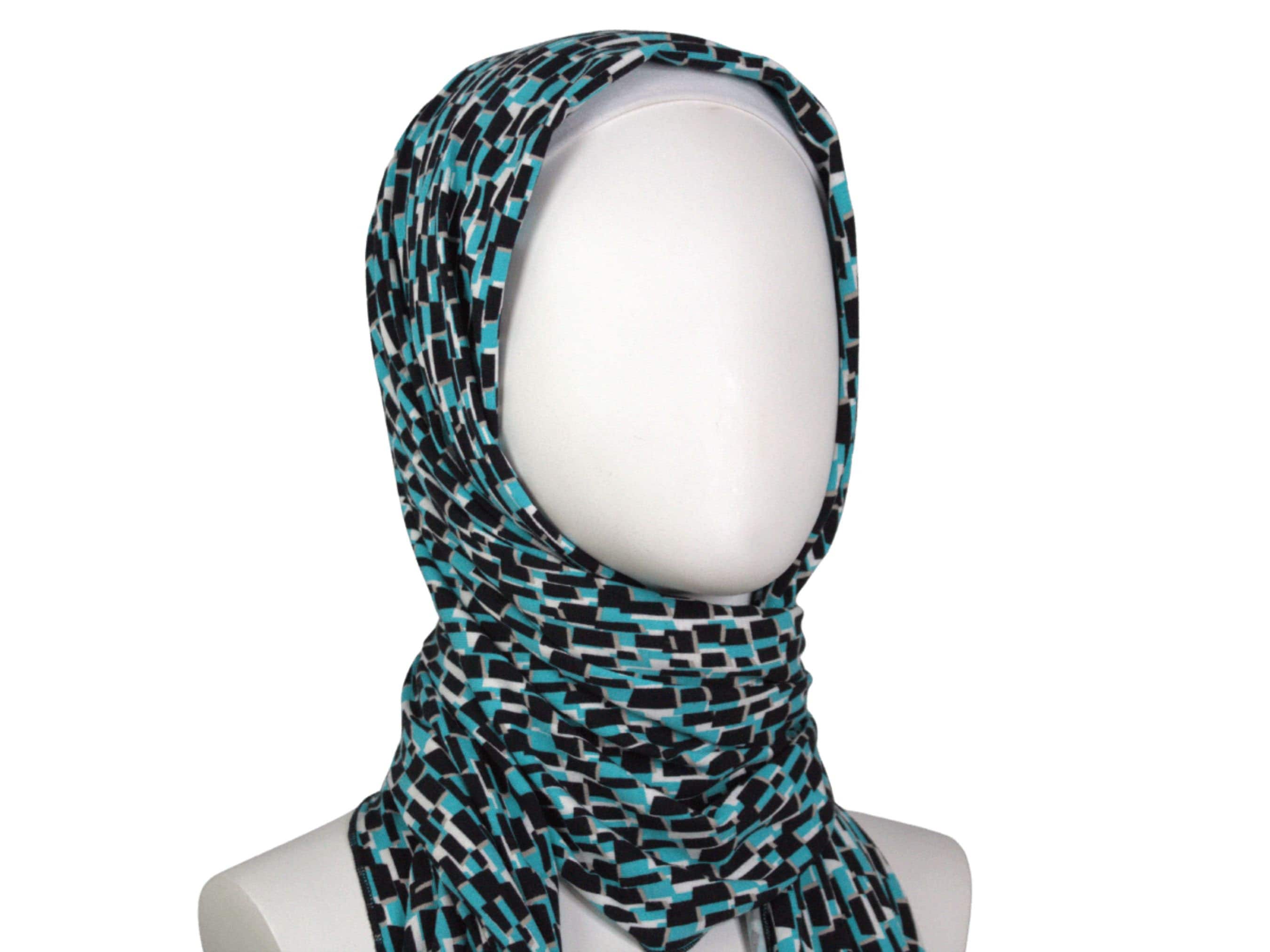 Printed Jersey Hijab, Blue Geometric Rayon Spandex Blend