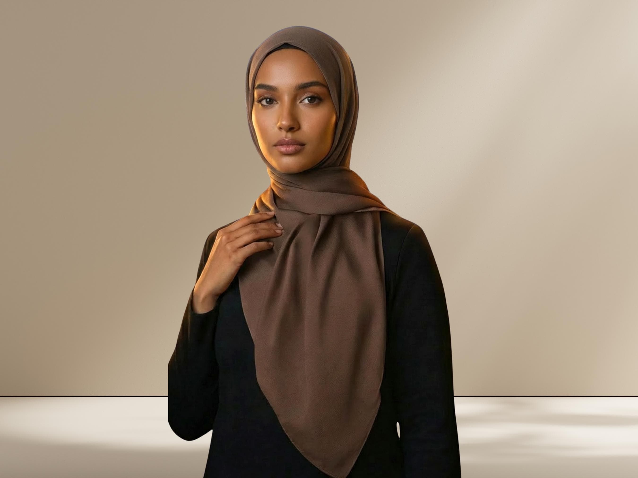 Taupe Brown Satin Crinkle Hijab, Luxe Elegance