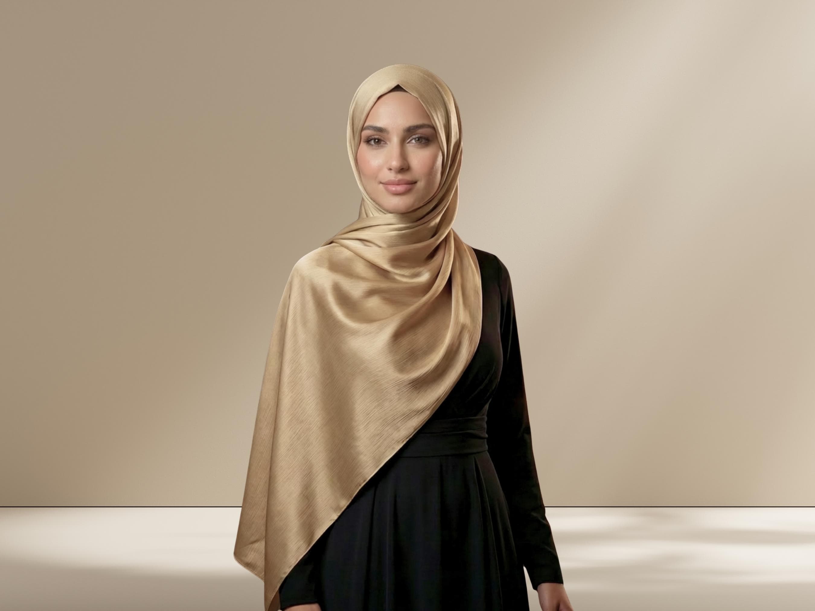 Golden Bronze Satin Crinkle Hijab, Party Evening Wear