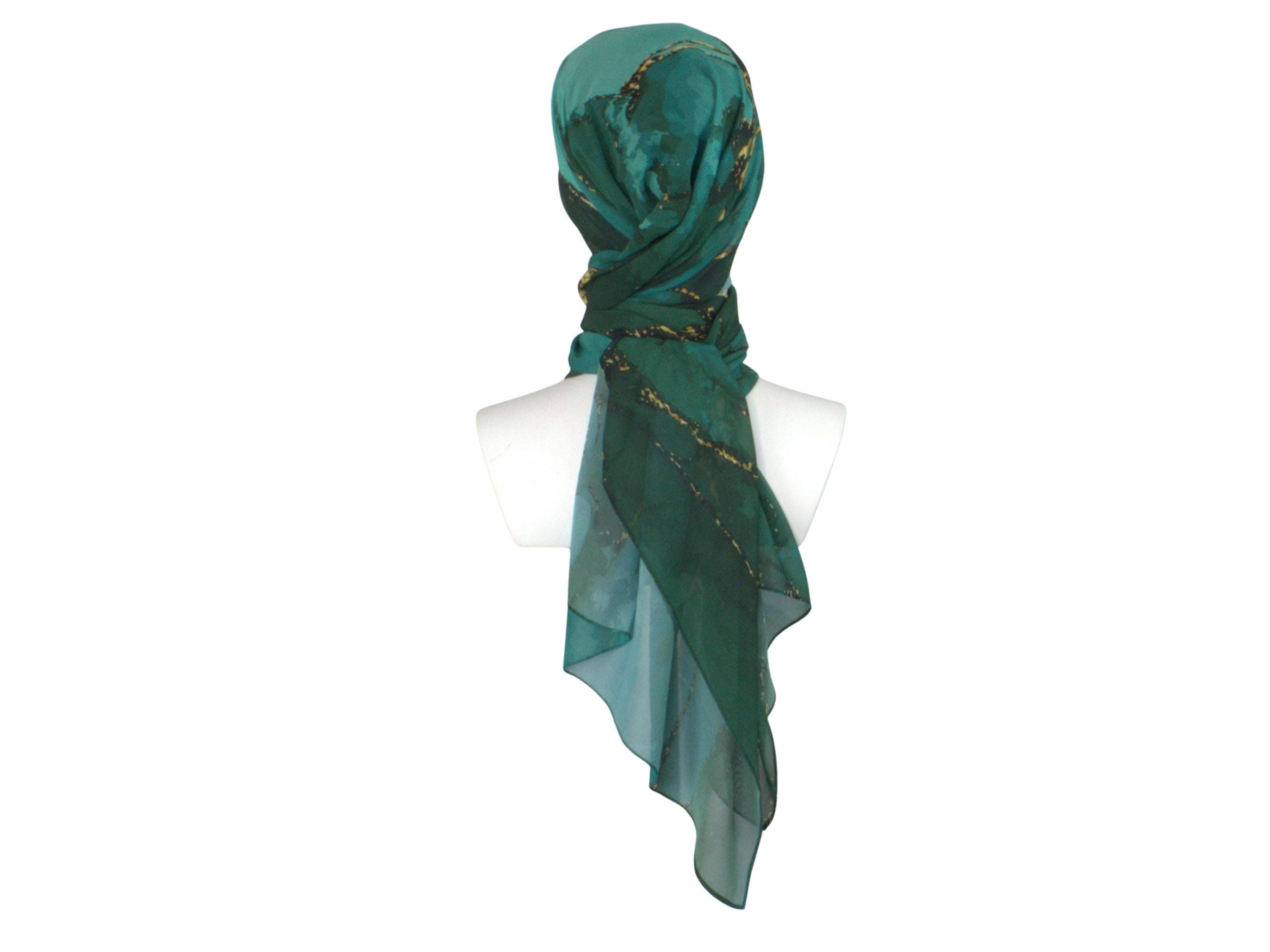 Emerald Green Golden Bronze Printed Chiffon Hijab, Soft Lightweight Scarf - image 4