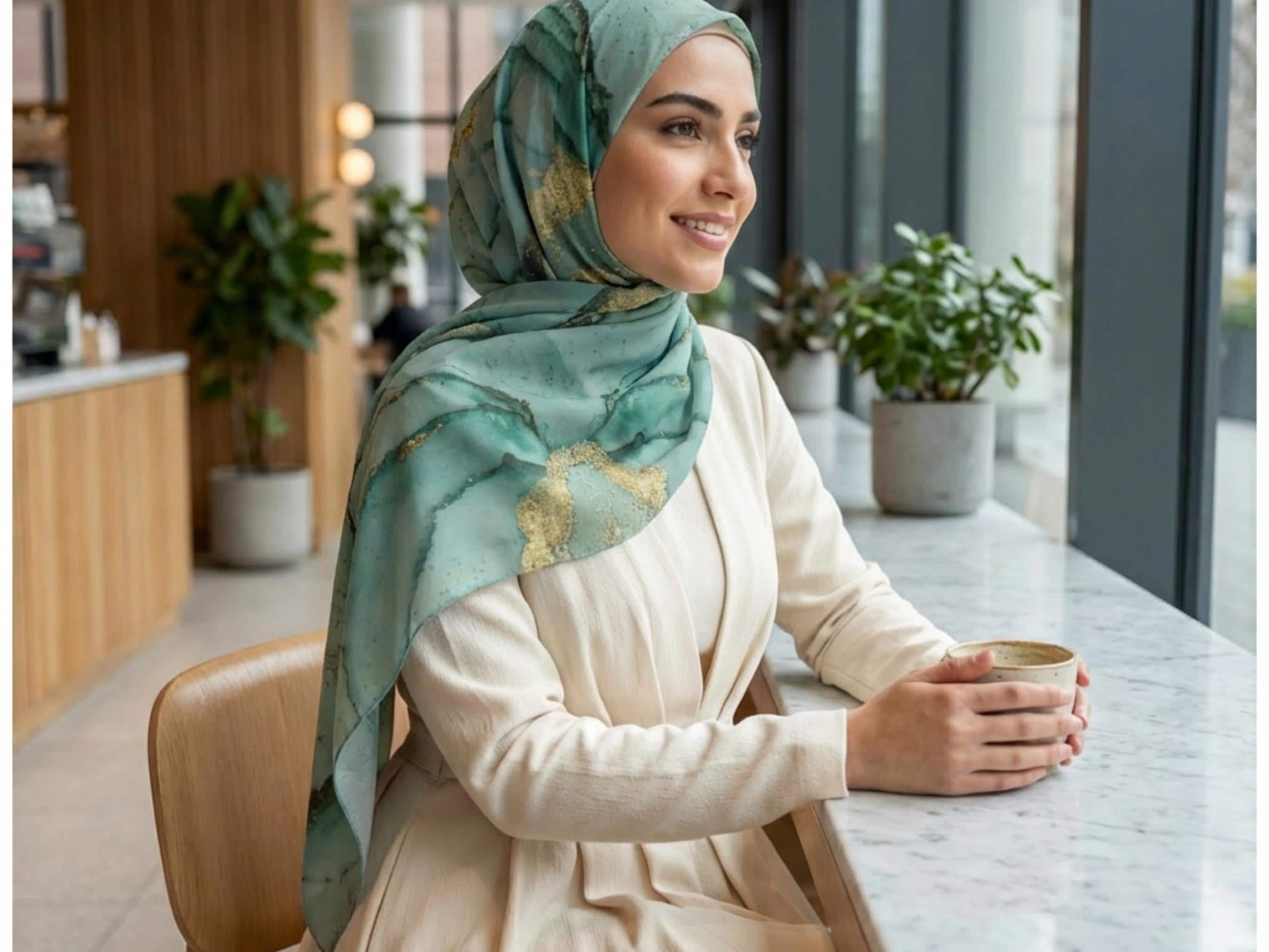 Green Bronze Printed Chiffon Hijab, Soft Lightweight Scarf