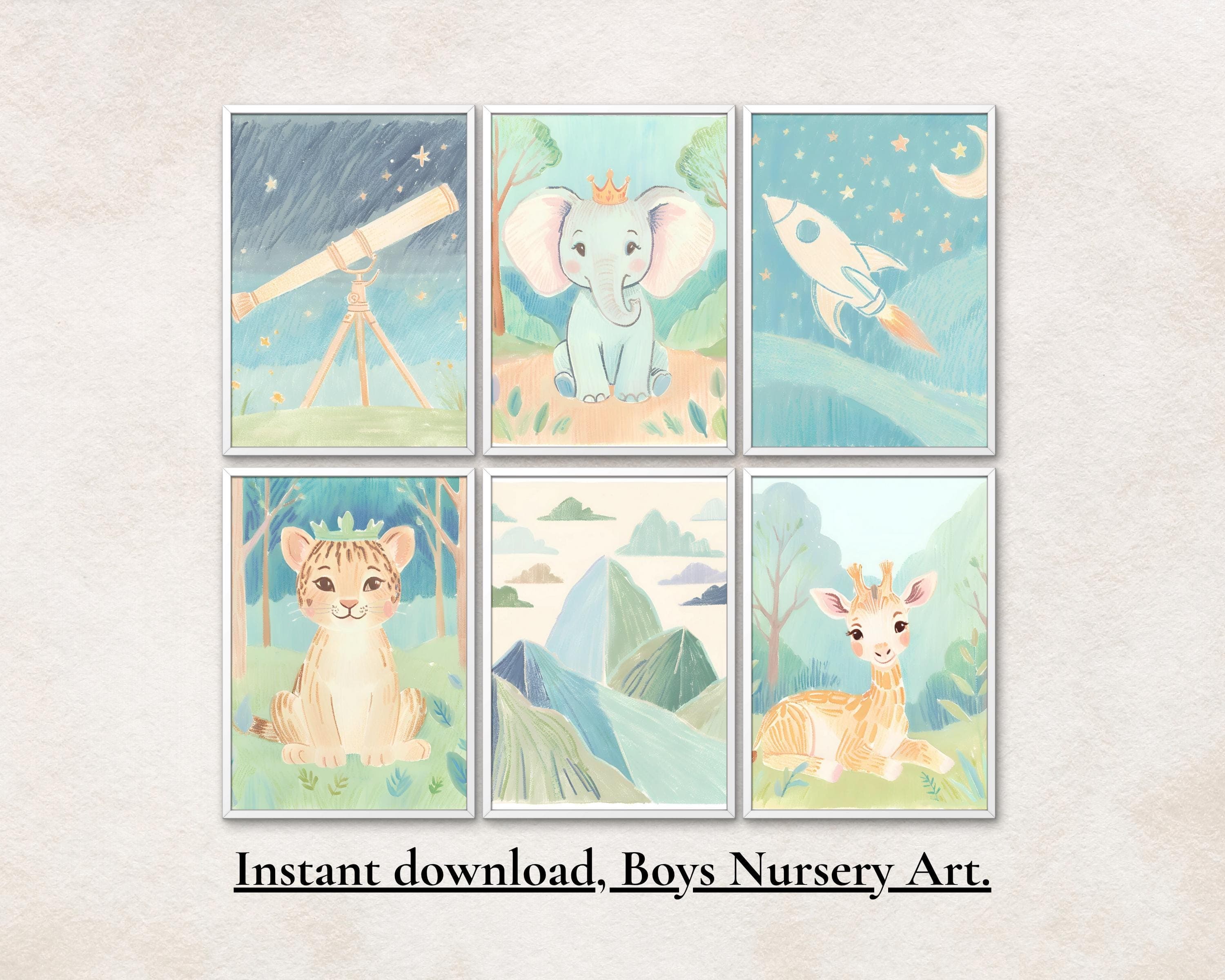 Baby Boy Nursery Wall Art – Animal & Space Prints Set (Digital Download)
