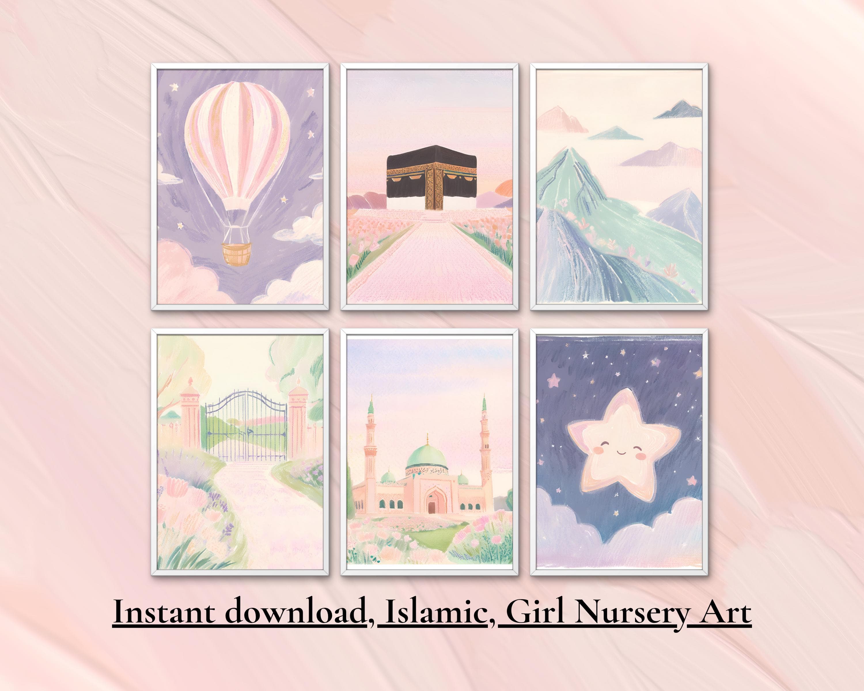 Islamic Nursery Art Set – Pastel Kaaba, Mosque, Stars (Digital Download)
