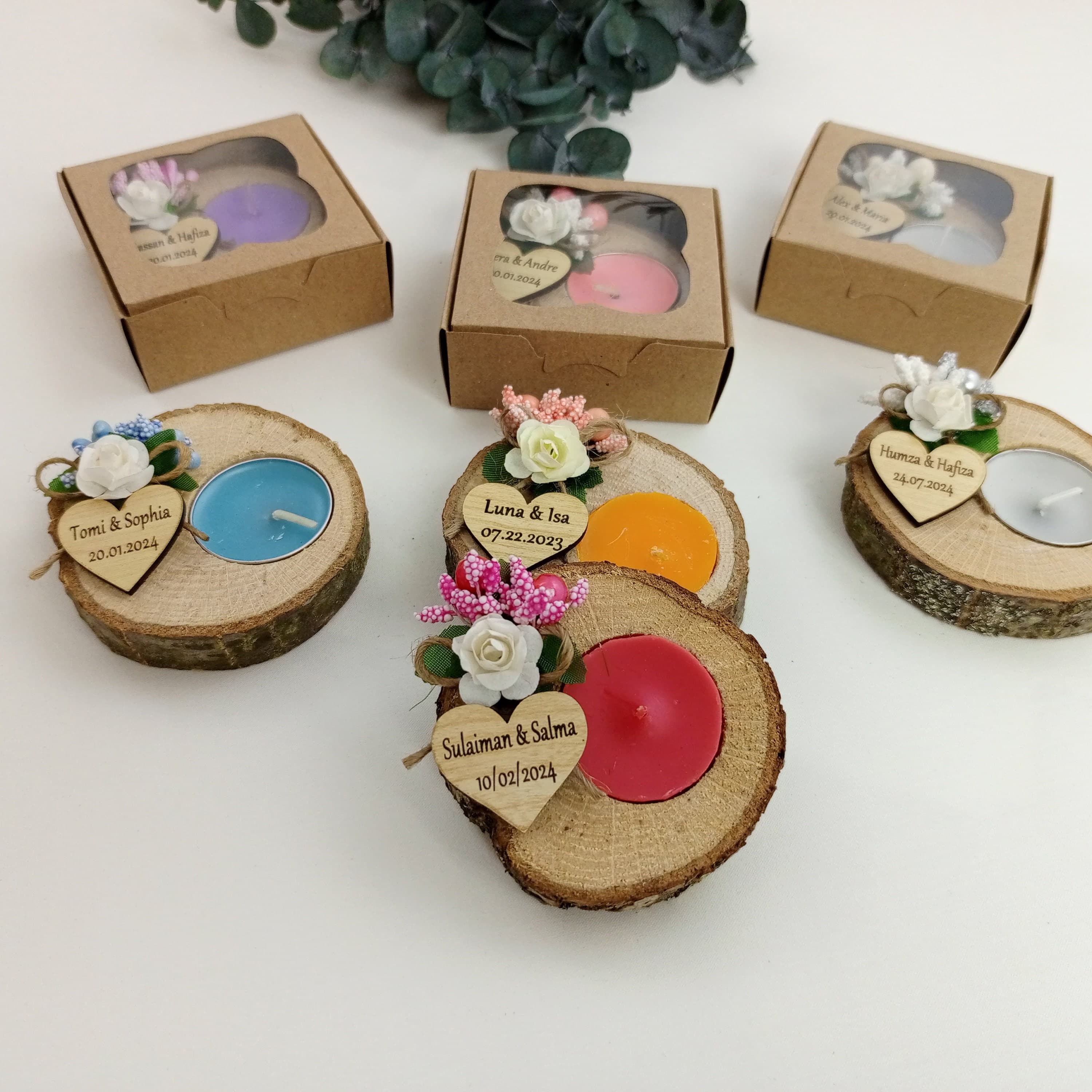 Personalized Wood Slice Candle Favors, Wedding, Shower, Party, Bulk (50pcs)